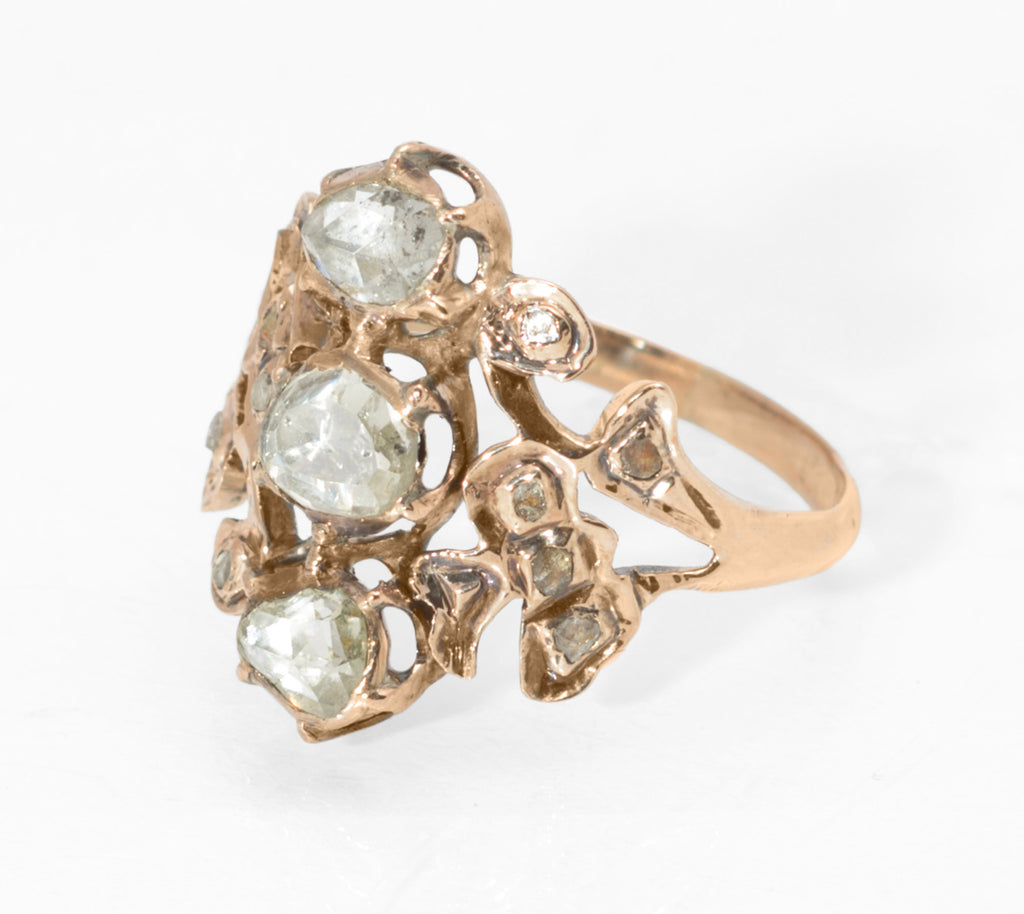 Georgian gold and diamond cluster ring - reverse showing closed foiled backs to all diamond settings and open scrolling gold mount construction