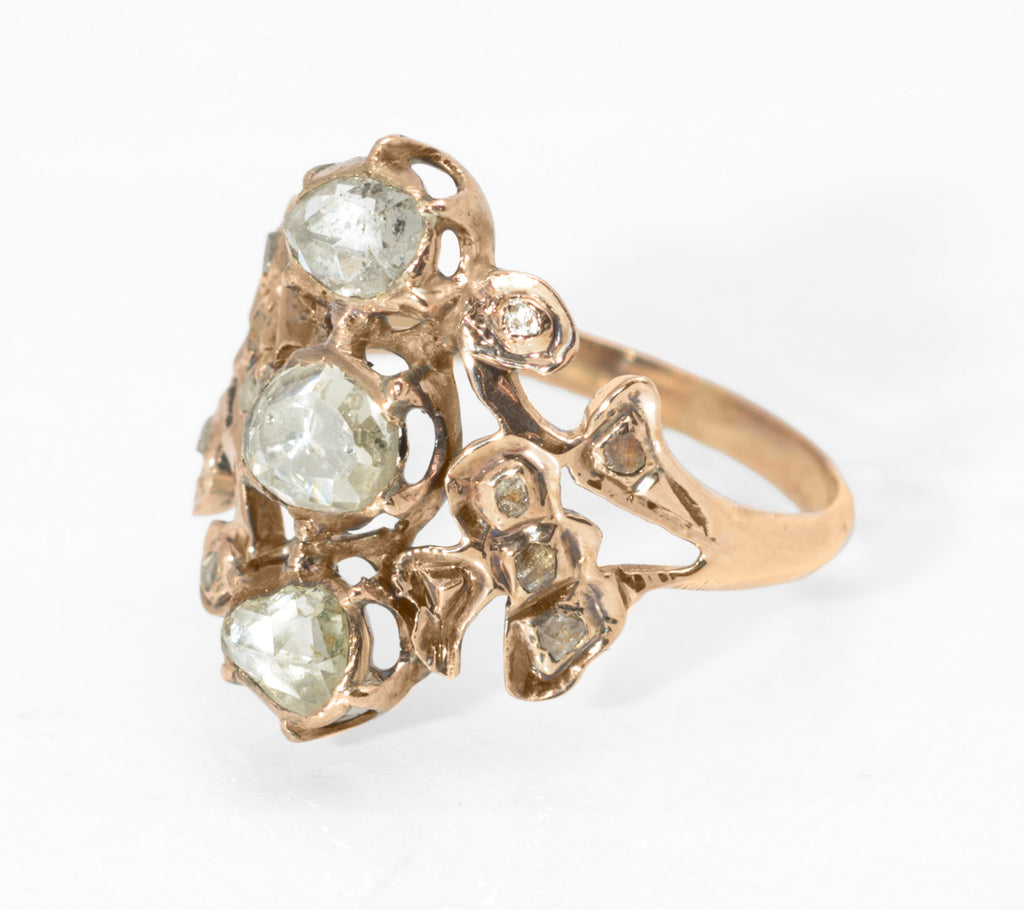Georgian gold and diamond cluster ring - top view showing full cluster arrangement with portrait cut centre, rose cut north and south stones and mixed cut surround