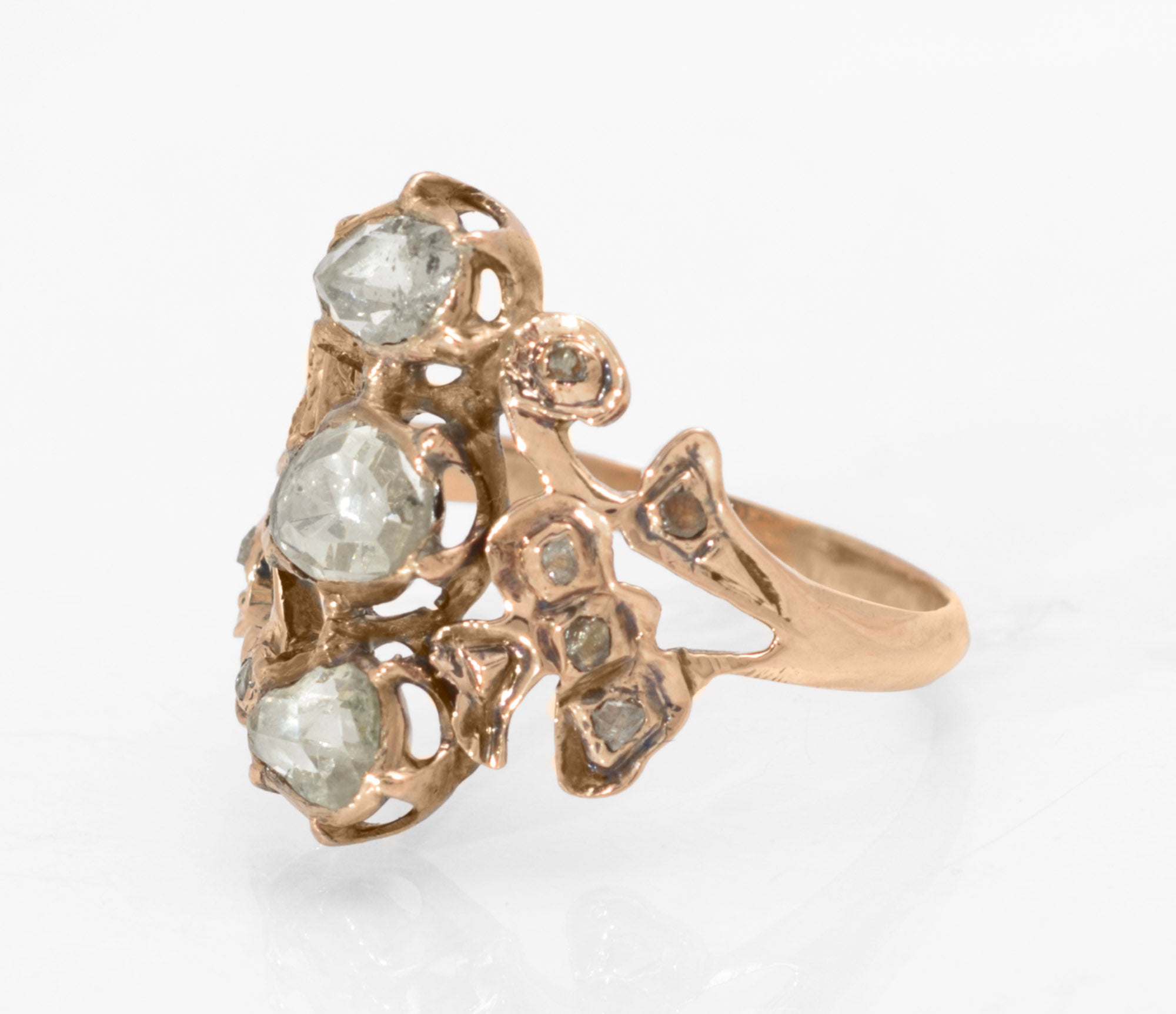 Georgian gold and diamond cluster ring - angled top view showing cluster head and chamfered band profile