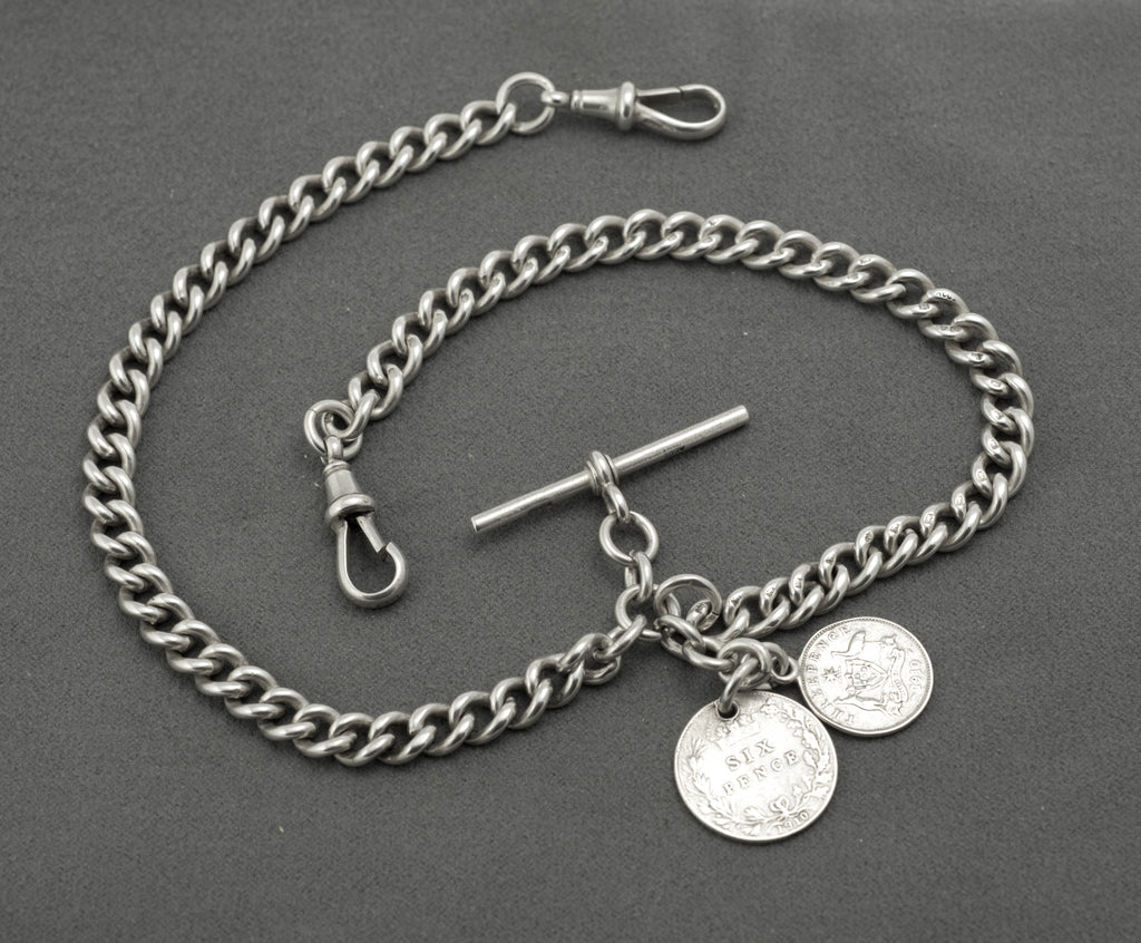 Antique Edwardian sterling silver double Albert watch chain 1908 - close up of dog clip showing lion sterling mark and swivel fitting on graduated curb links