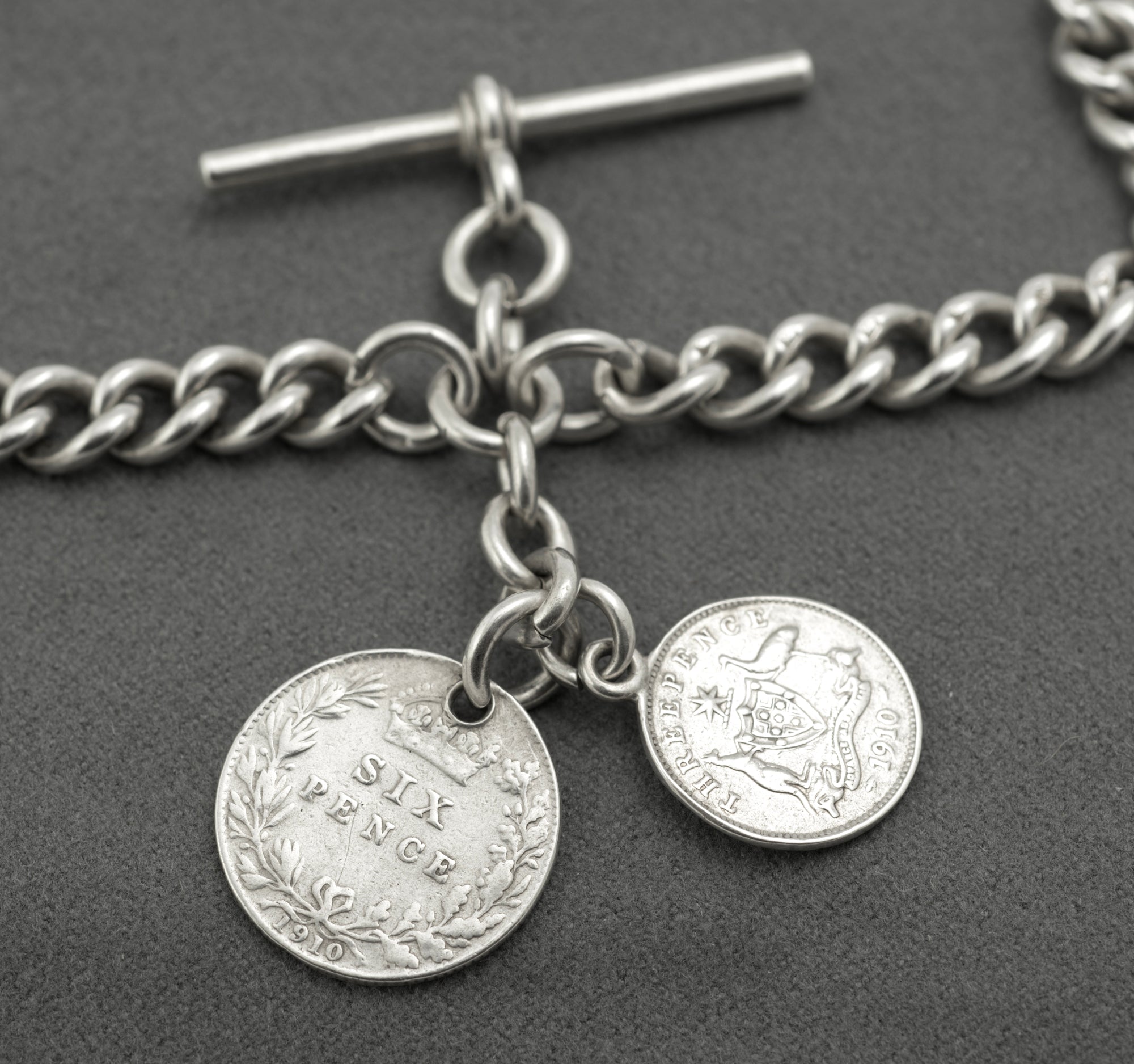 Antique sterling silver double Albert chain - alternative full view showing graduated curb links and twin dog clip ends