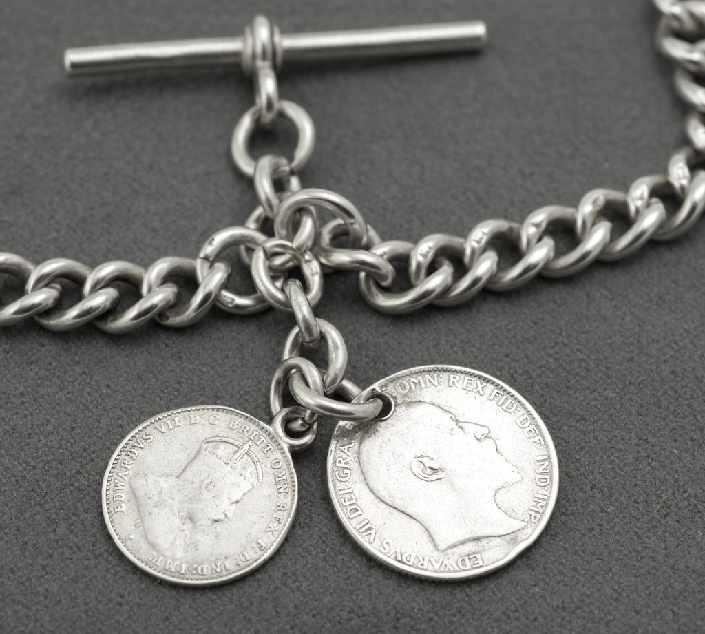 Antique sterling silver double Albert chain - detail of individual curb links showing lion sterling hallmarks struck to each link