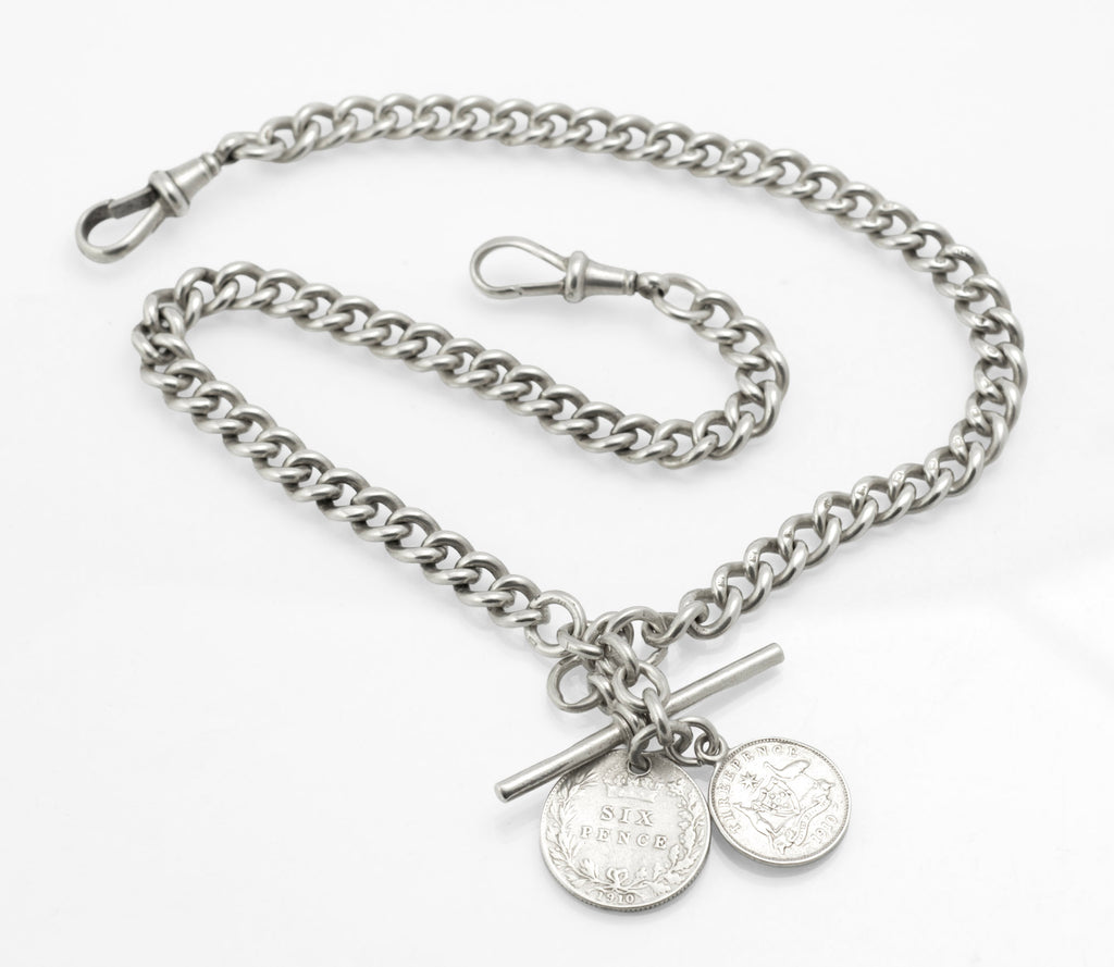 Antique sterling silver double Albert chain - close up of T-bar showing sponsor's mark and date letter corresponding to Glasgow 1908