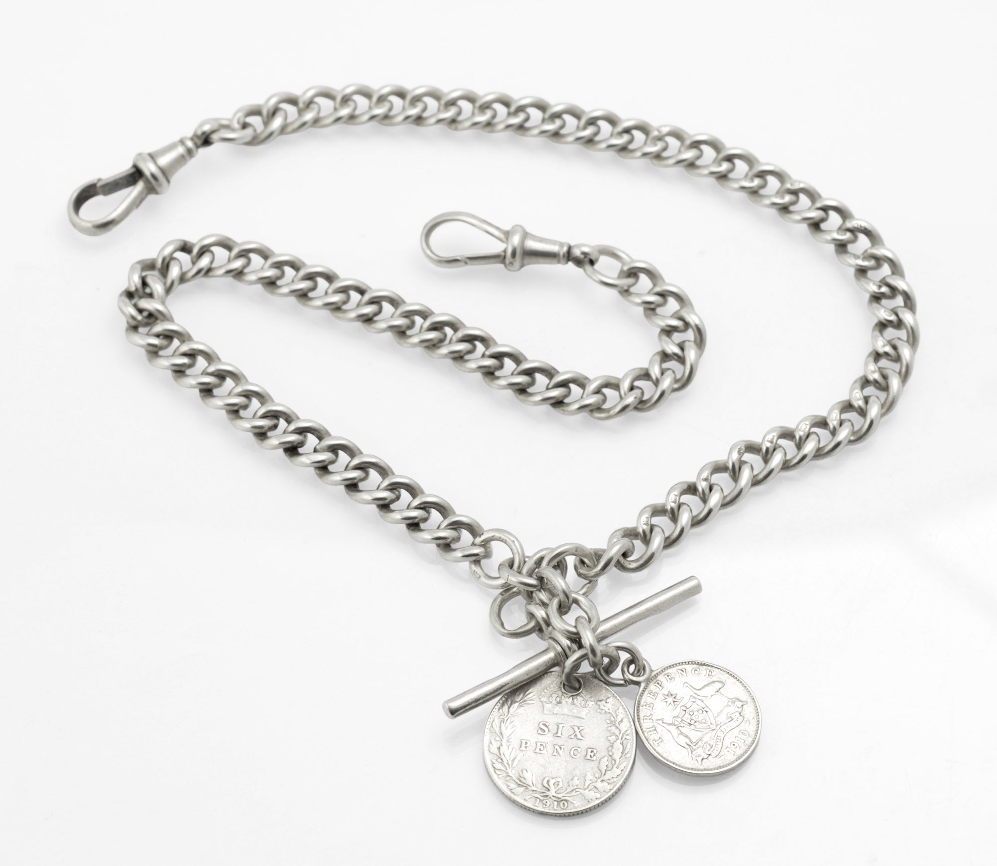 Antique sterling silver double Albert chain - close up of T-bar showing sponsor's mark and date letter corresponding to Glasgow 1908