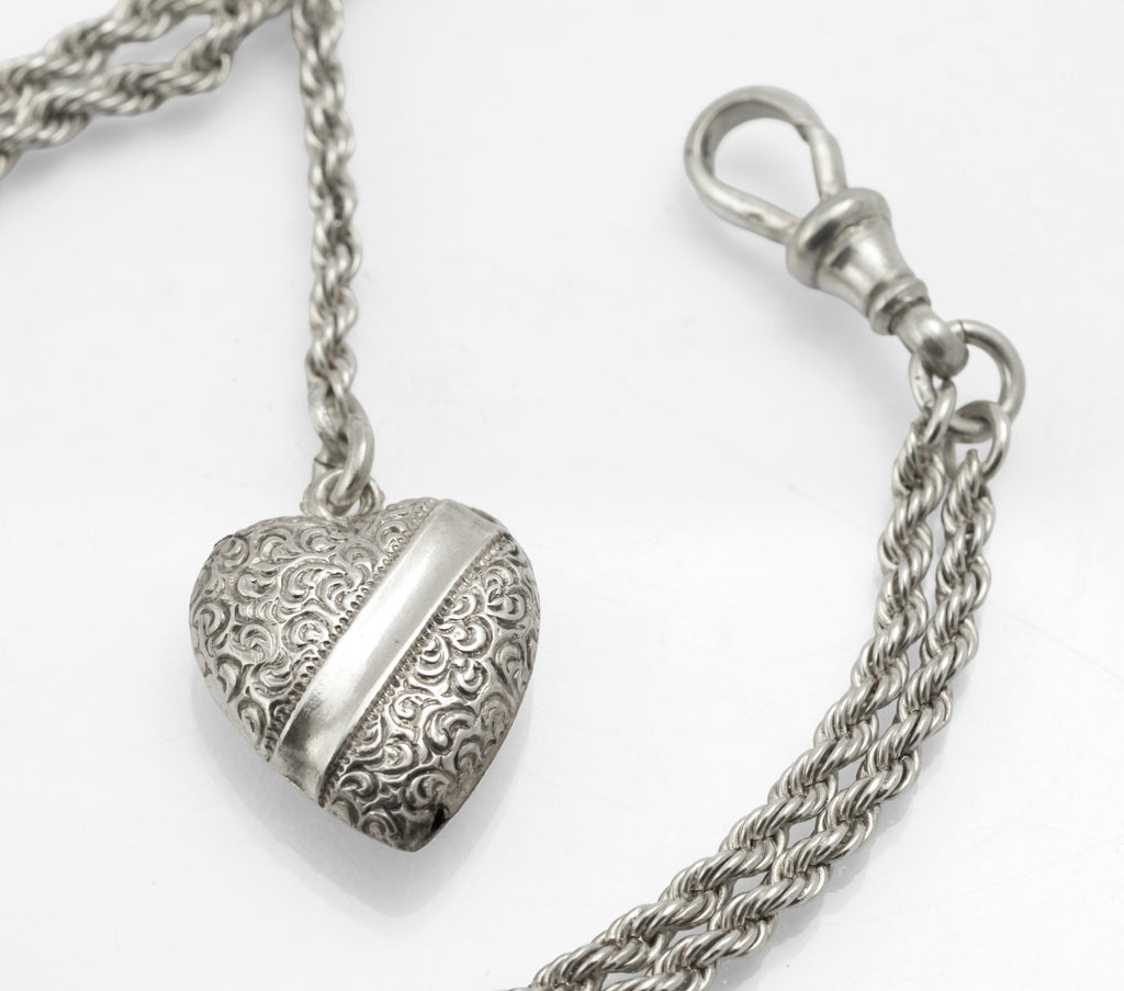 Antique Victorian sterling silver Albertina chain - close up of twisted T-bar with polished ball terminals and rope chain attachment