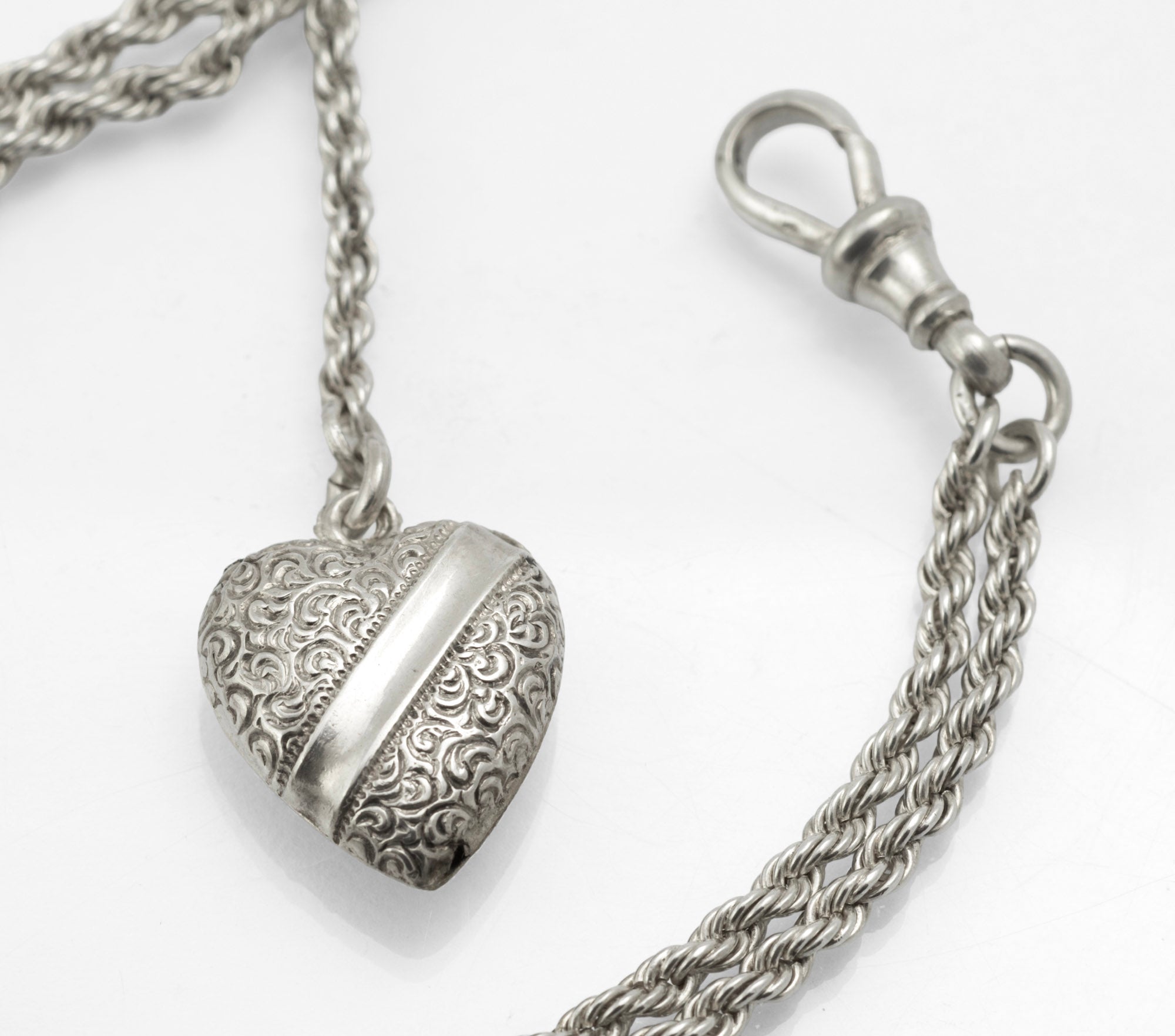 Antique Victorian sterling silver Albertina chain - close up of twisted T-bar with polished ball terminals and rope chain attachment
