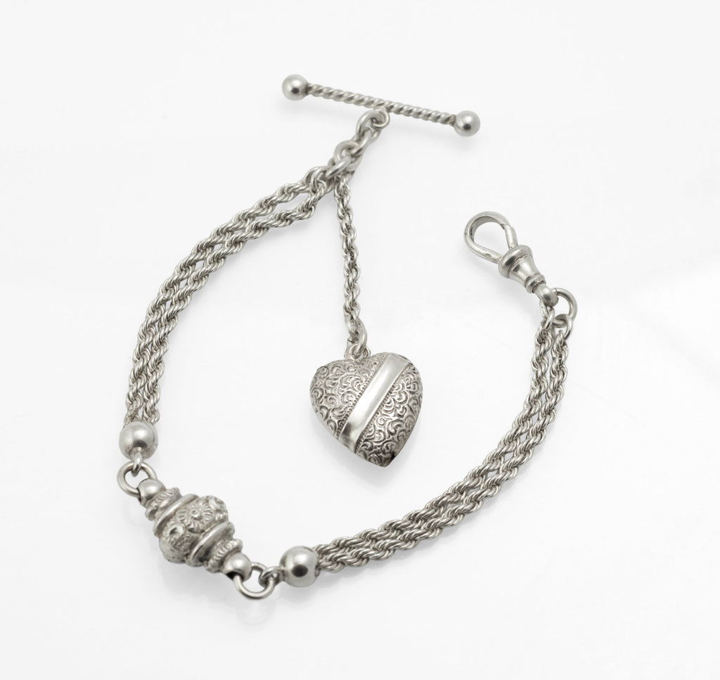 Antique Victorian sterling silver Albertina chain - detail of multi-strand rope chain sections showing fine twisted construction and polished ball spacers
