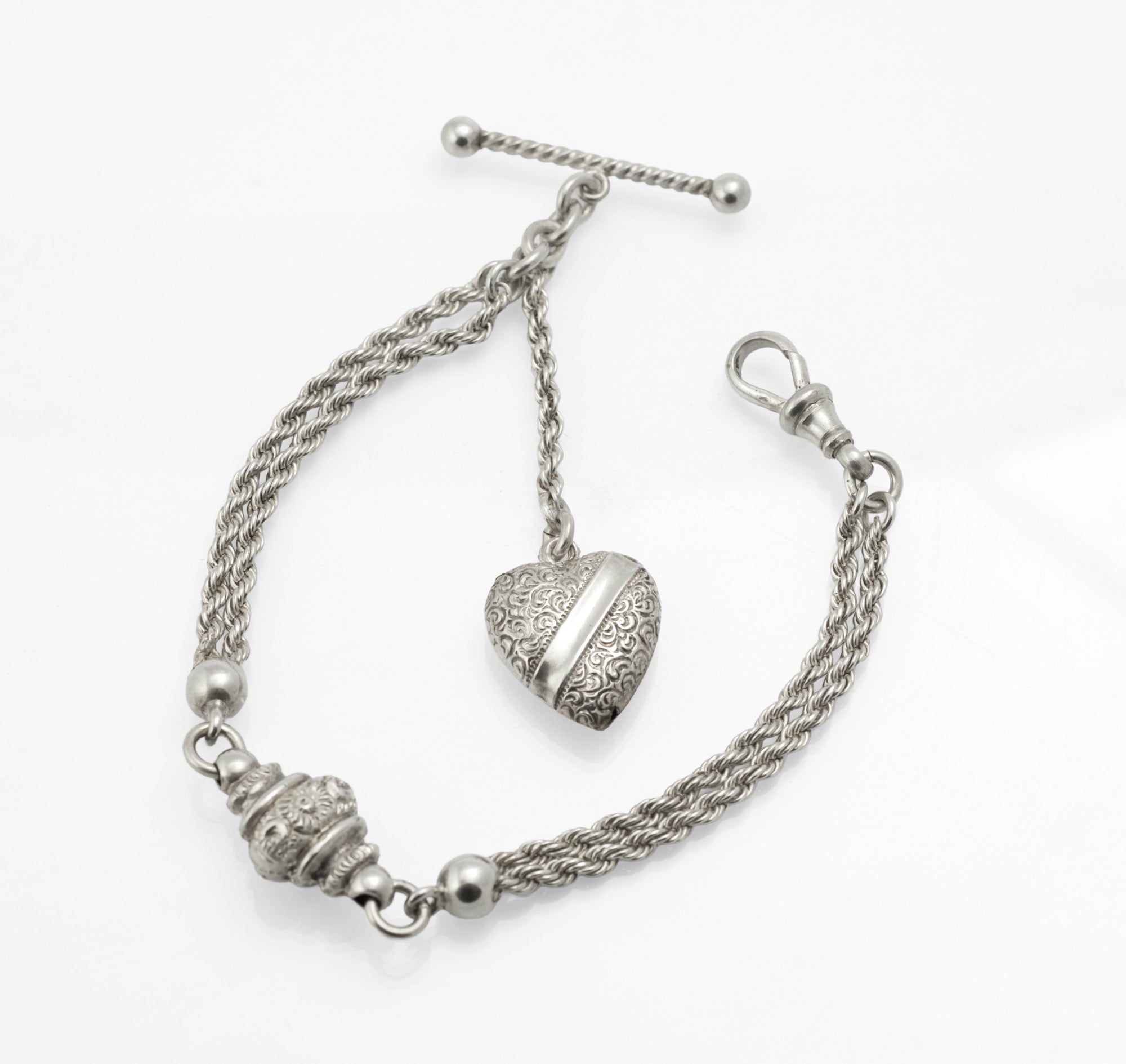 Antique Victorian sterling silver Albertina chain - detail of multi-strand rope chain sections showing fine twisted construction and polished ball spacers