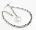 Antique Victorian sterling silver graduated Albert watch chain 1888 - full view on white background showing T-bar, dog clip and NSL Winners 1948 presentation fob reverse