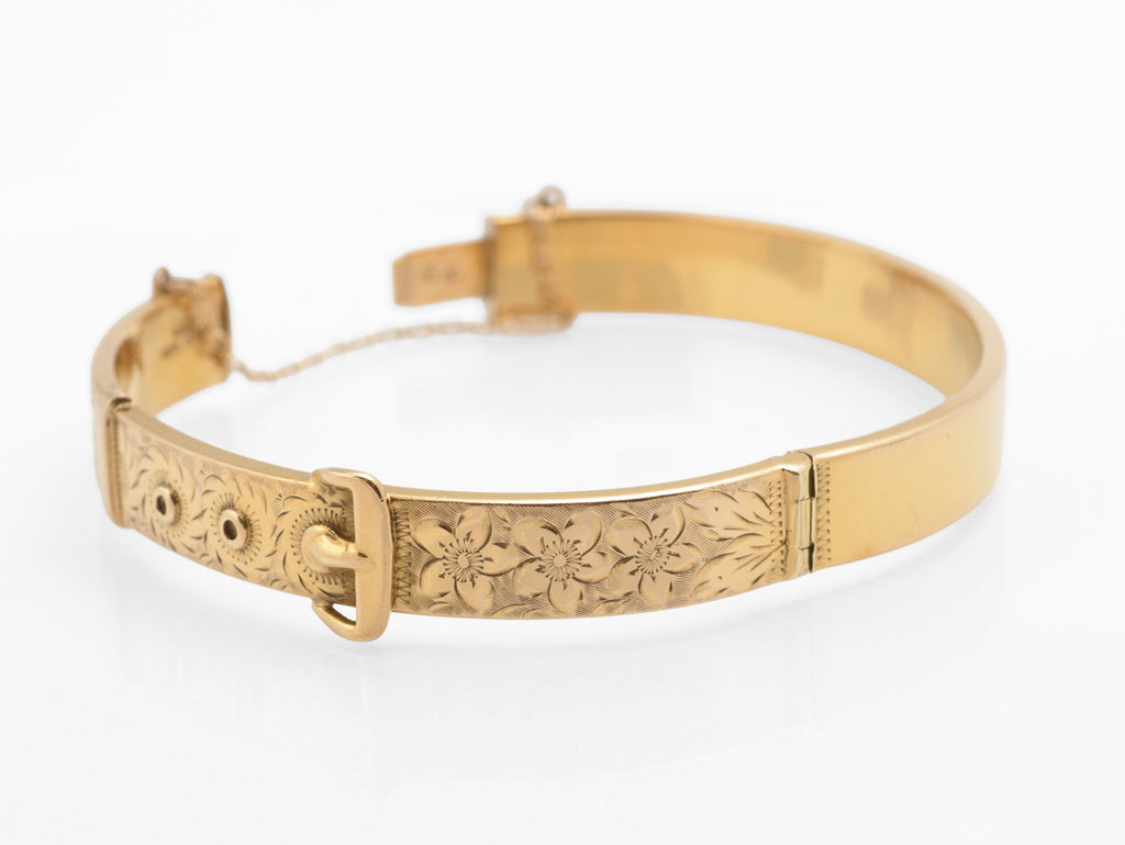 Edwardian gold metal cored buckle bangle - interior view showing GOLD METAL CORED mark and hinge construction