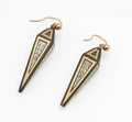 Antique Victorian piqué work ram's horn drop earrings c.1870 - front view showing faceted obelisk form with gold border inlay and silver engraved leaf panels