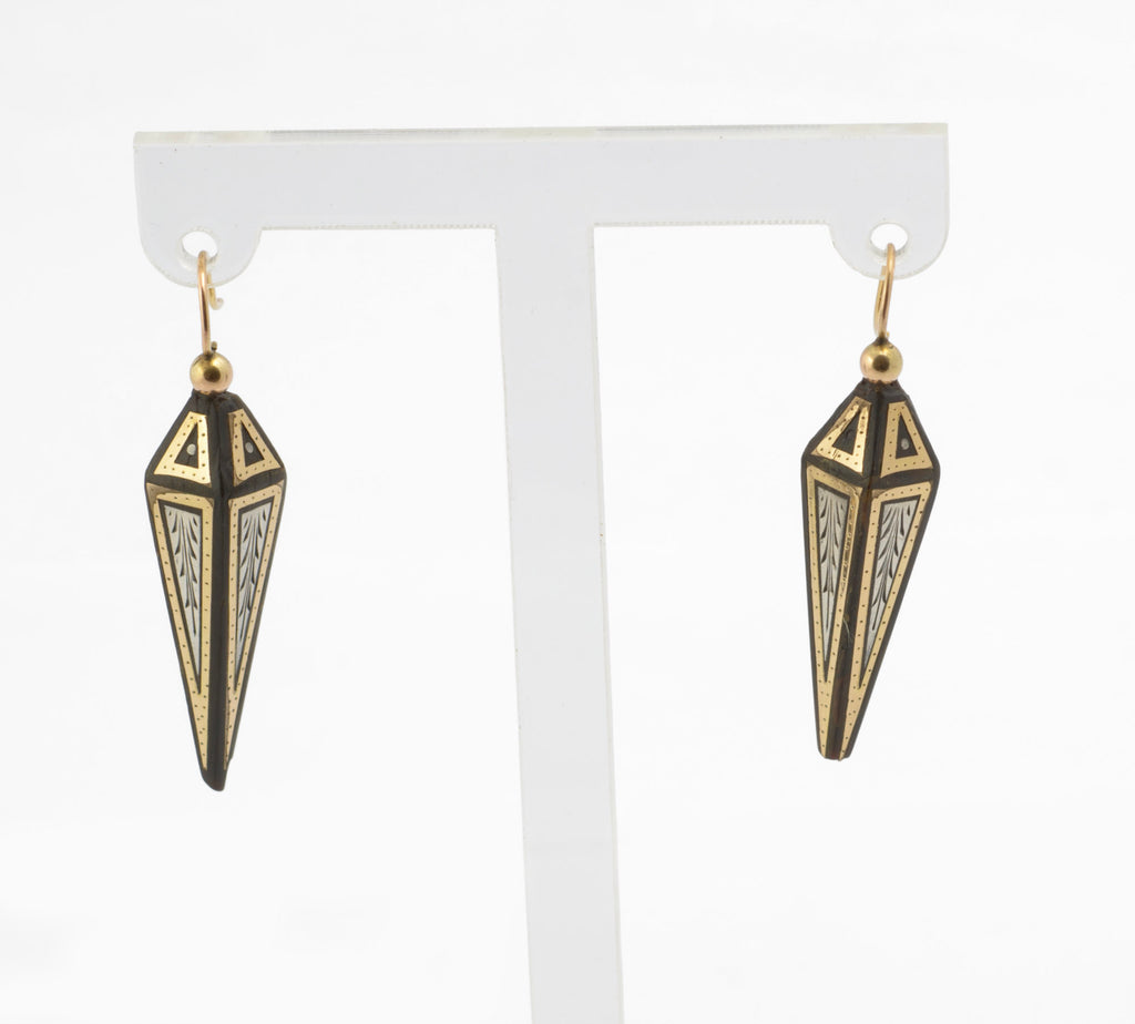 Antique Victorian piqué work earrings - scale reference with 20p coin showing drop length of approximately 3.5cm