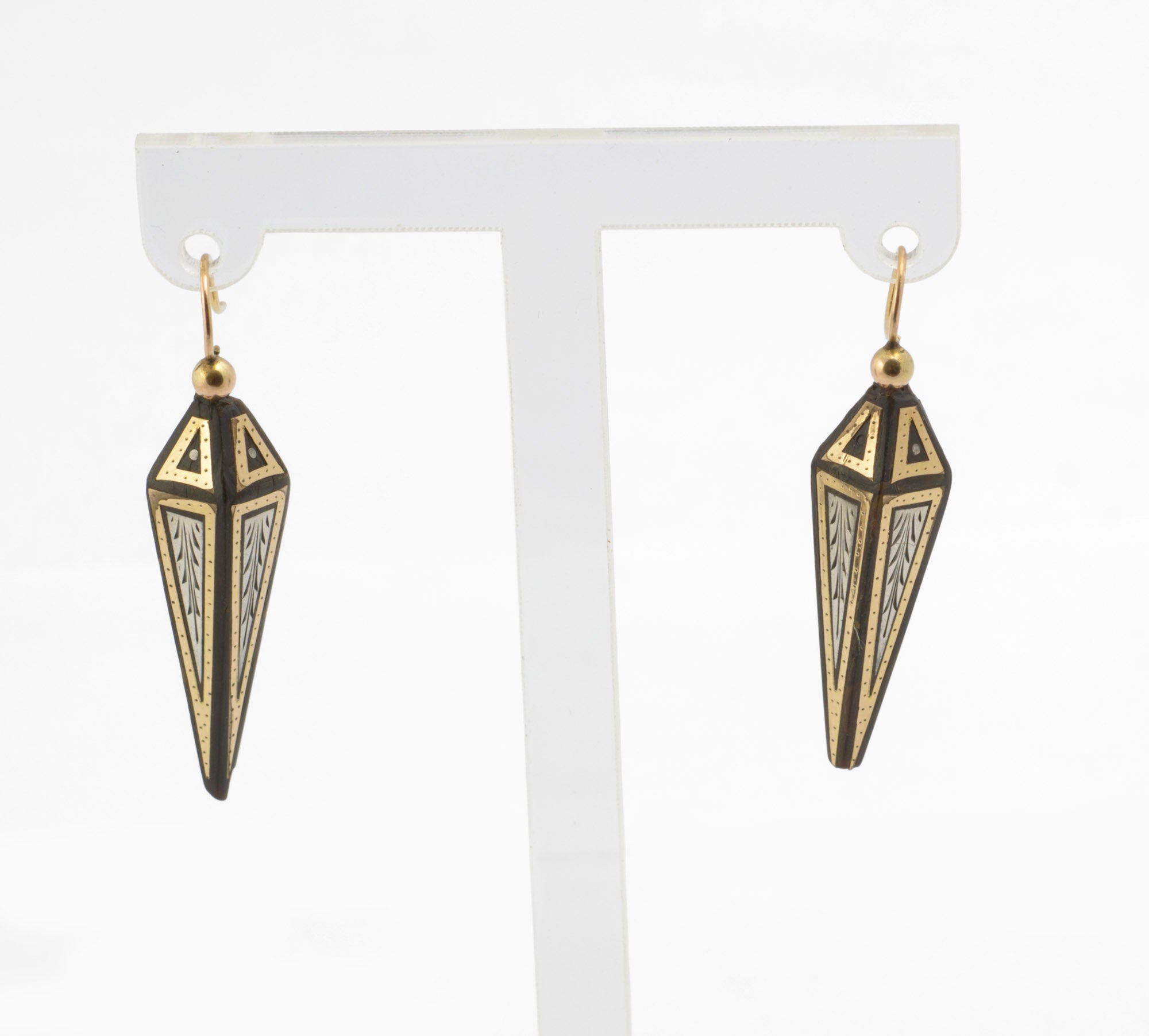 Antique Victorian piqué work earrings - scale reference with 20p coin showing drop length of approximately 3.5cm