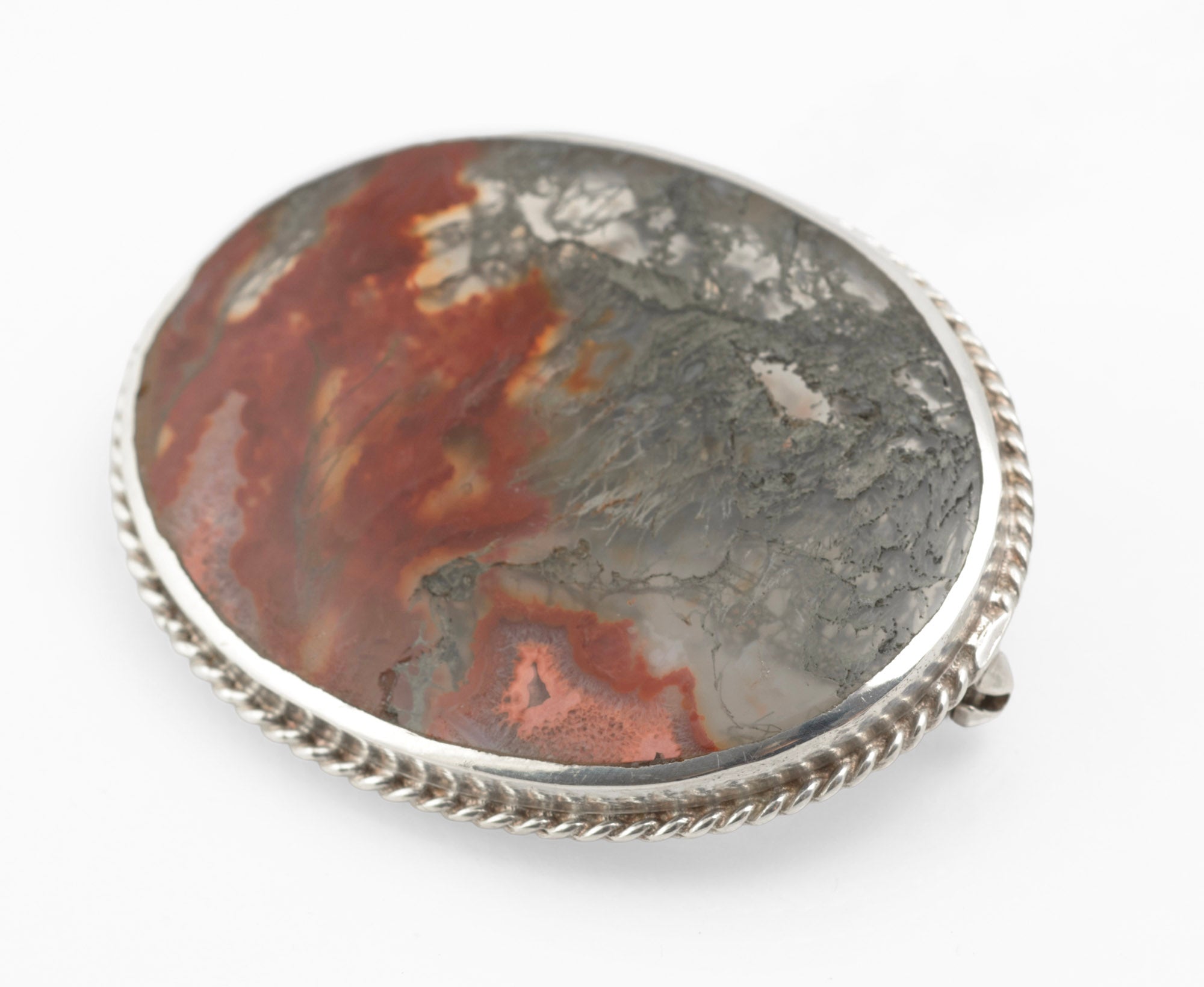 Vintage Sterling Silver Moss Agate & Carnelian Brooch - C W Sellors - Sheffield 1997 - C3009