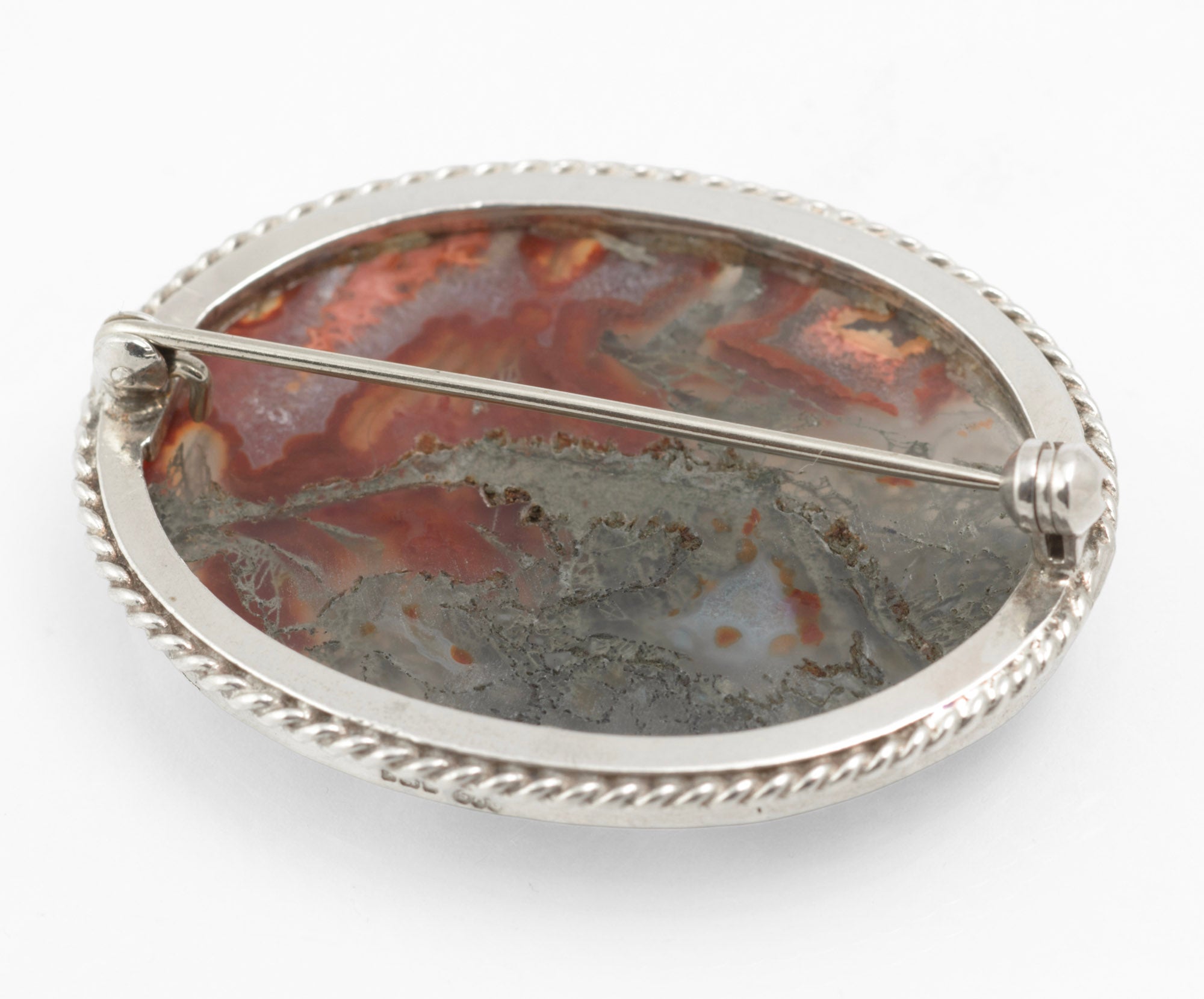 Vintage Sterling Silver Moss Agate & Carnelian Brooch - C W Sellors - Sheffield 1997 - C3009