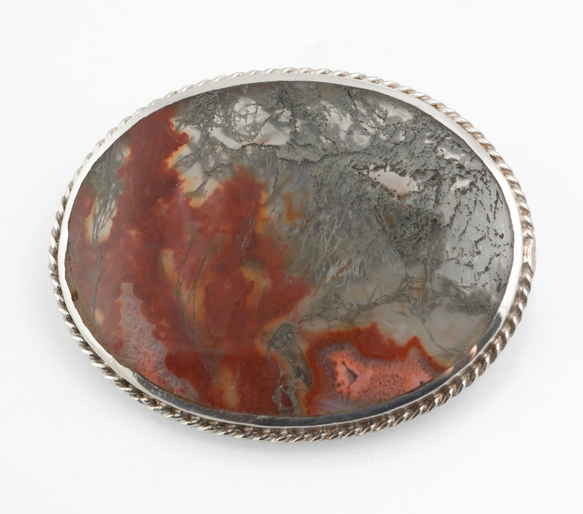 Vintage Sterling Silver Moss Agate & Carnelian Brooch - C W Sellors - Sheffield 1997 - C3009