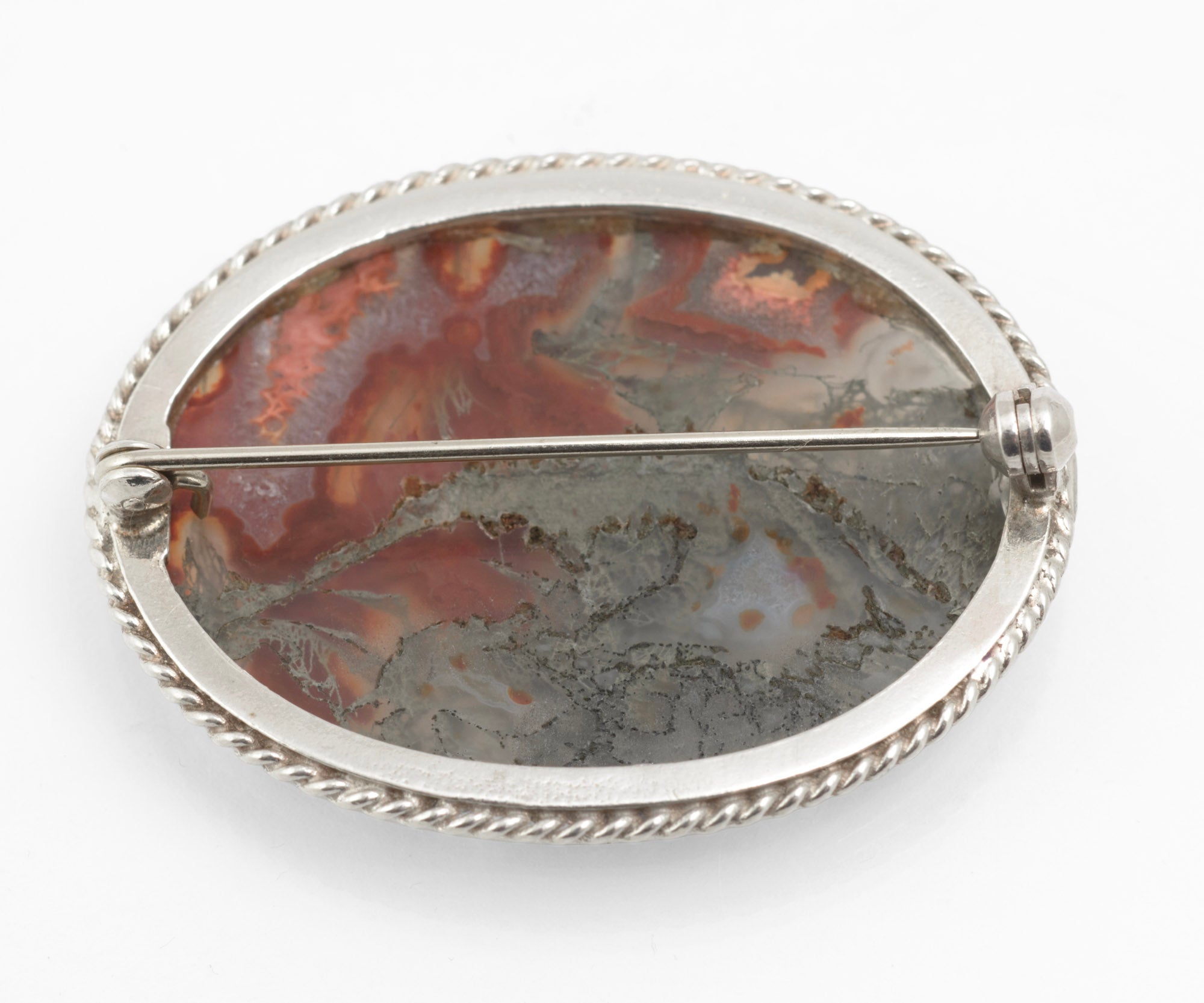 Vintage Sterling Silver Moss Agate & Carnelian Brooch - C W Sellors - Sheffield 1997 - C3009