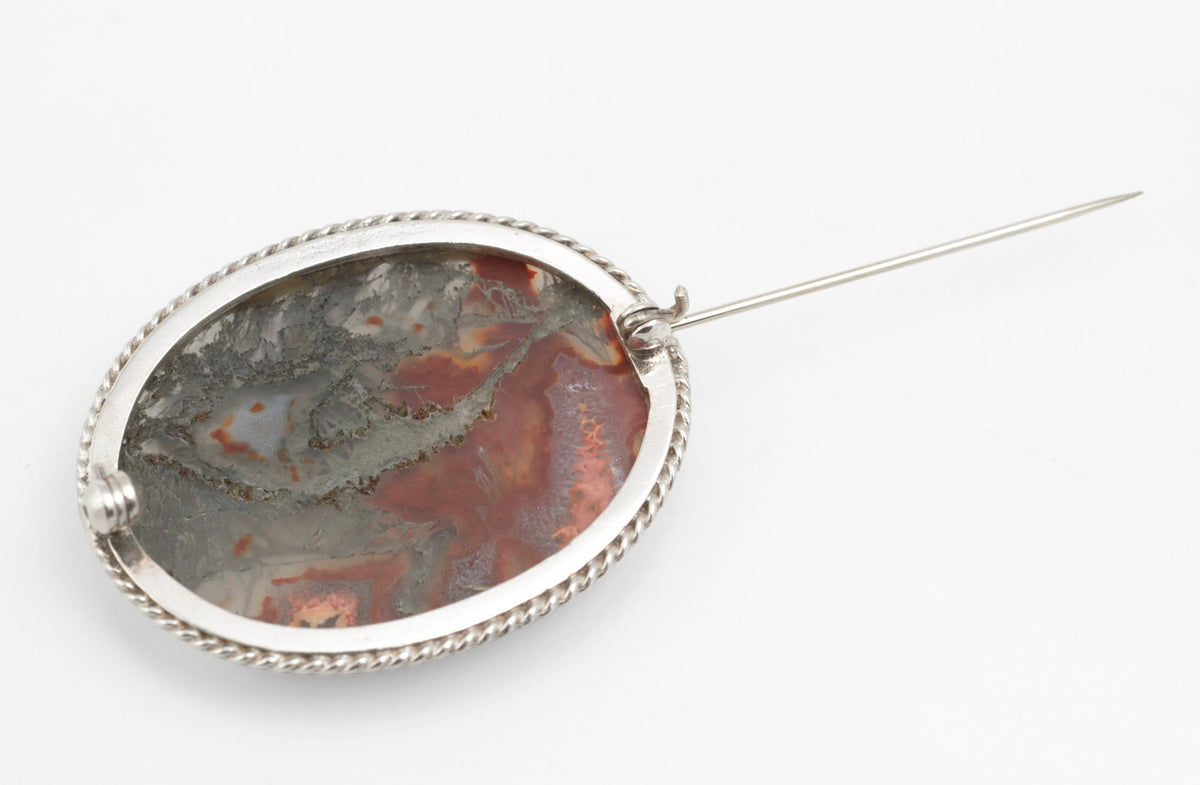 Vintage Sterling Silver Moss Agate & Carnelian Brooch - C W Sellors - Sheffield 1997 - C3009