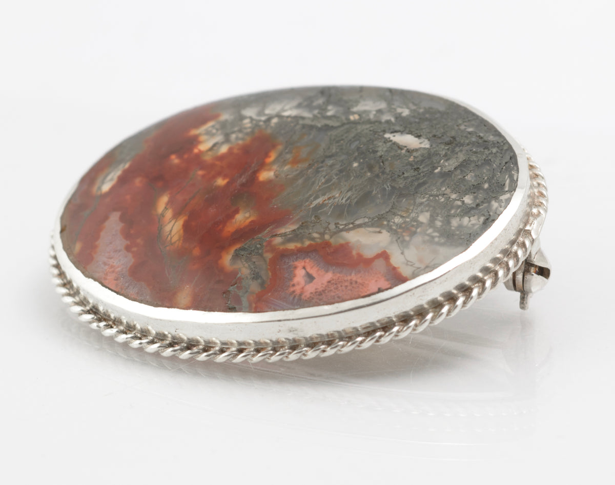 Vintage Sterling Silver Moss Agate & Carnelian Brooch - C W Sellors - Sheffield 1997 - C3009