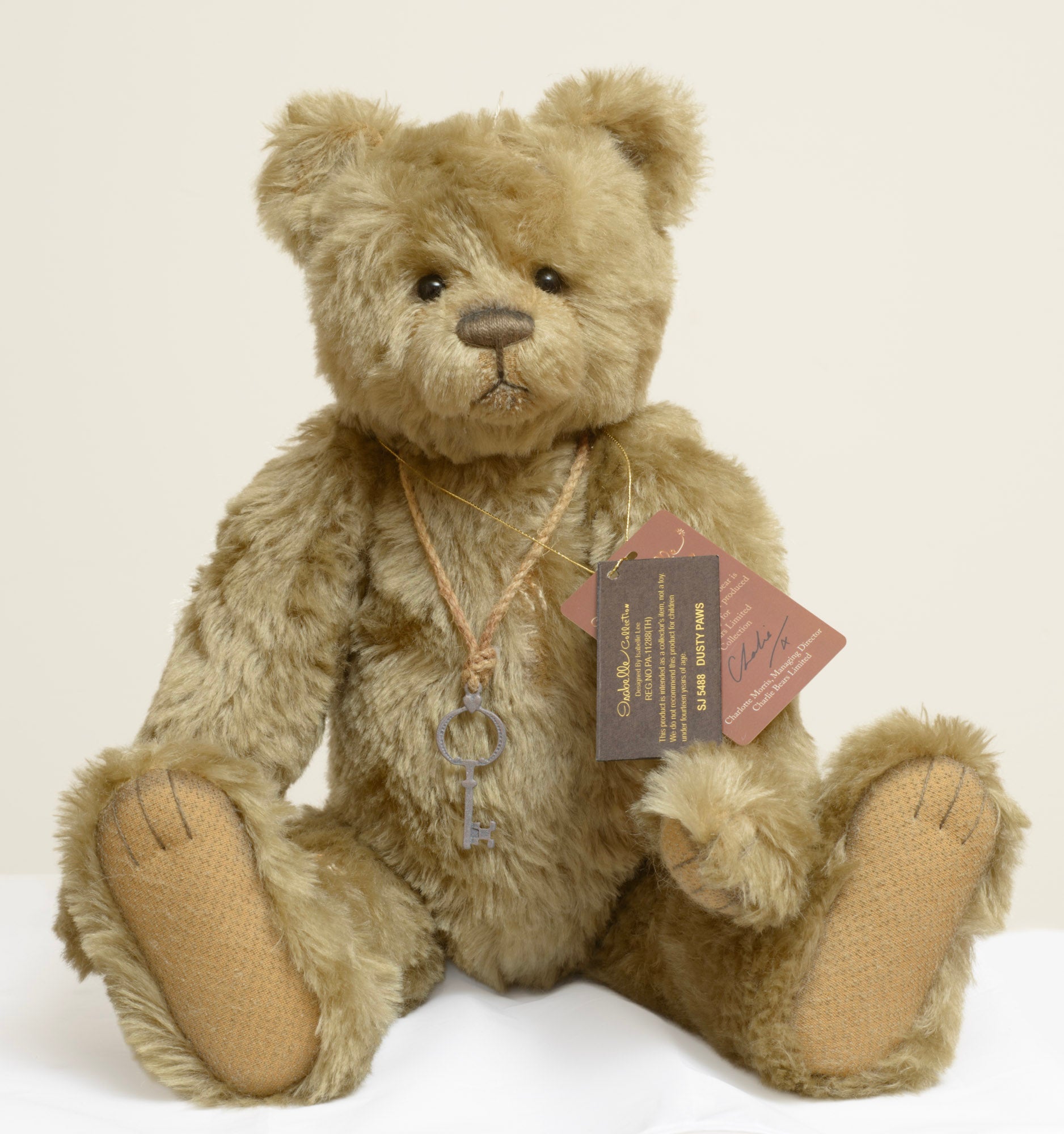 Charlie Bears Dusty Paws - Isabelle Collection - rope necklace with silver-tone skeleton key pendant with heart bow detail