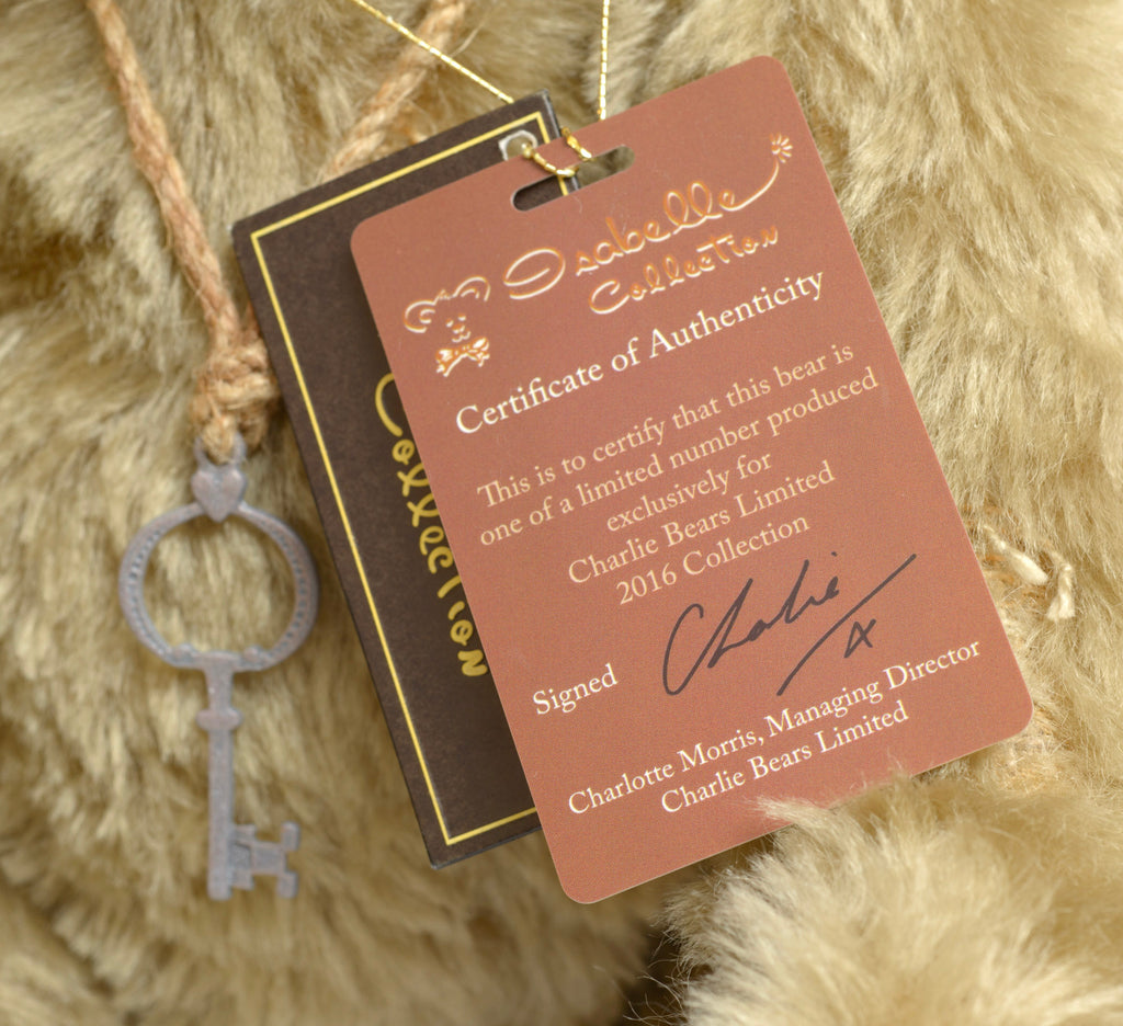 Charlie Bears Dusty Paws - Isabelle Collection - front view showing rope necklace with skeleton key and overall bear proportions