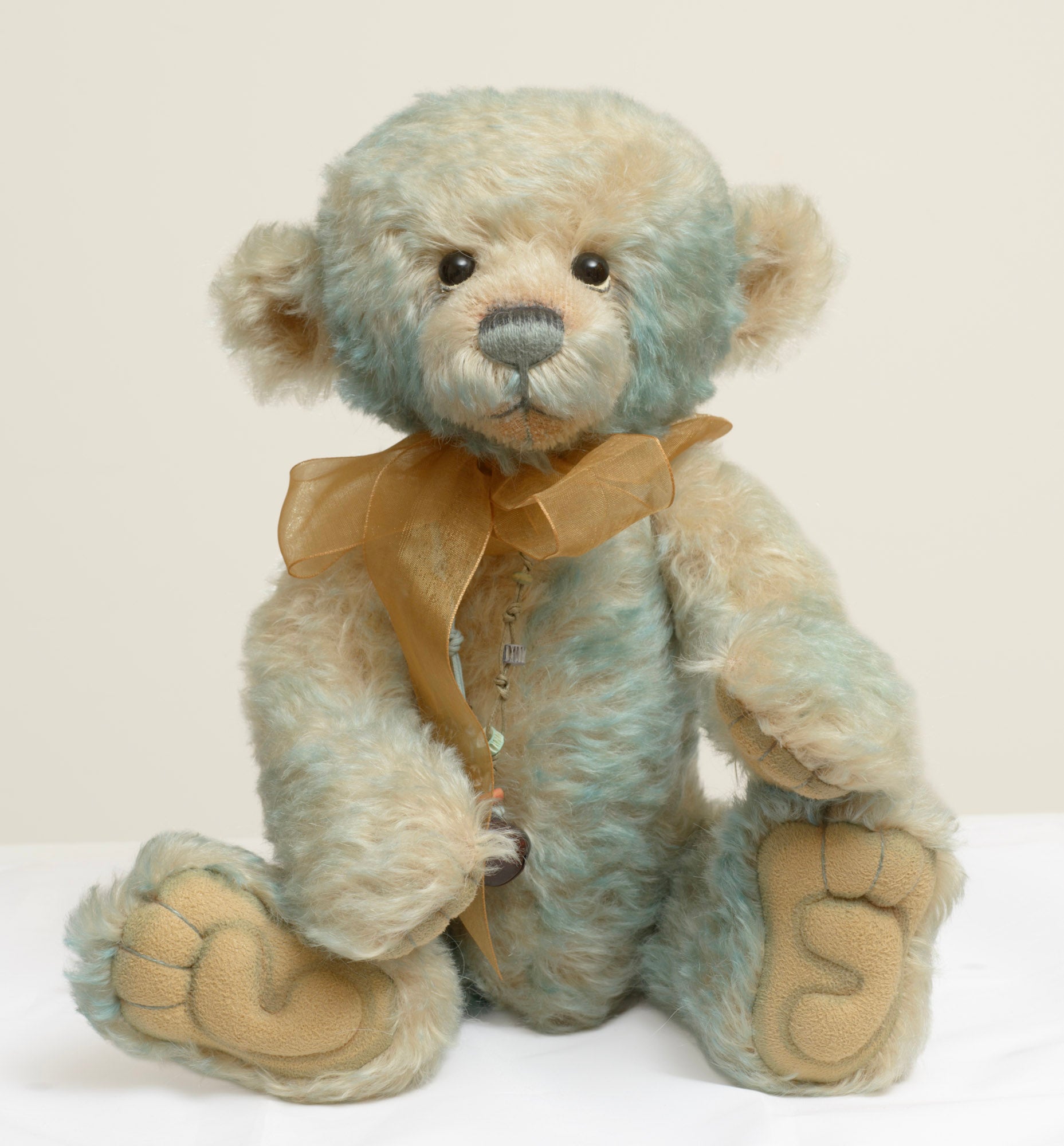 Charlie Bears Wordsworth - Isabelle Collection - full front view showing tipped blue-grey and cream mohair with gold organza ribbon bow