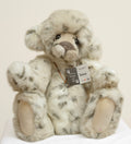 Kaycee Bears Domino - Kelsey Cunningham - full front view showing dappled cream and grey plush coat with copper organza ribbon and dragonfly pendant