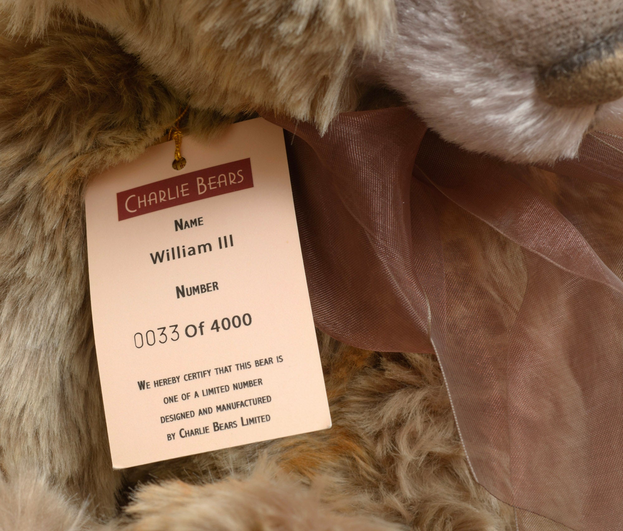 Charlie Bears William III - gold hang tag showing product code CB1040, bear name William III, exclusively designed by Isabelle Lee, with Certificate of Authenticity card