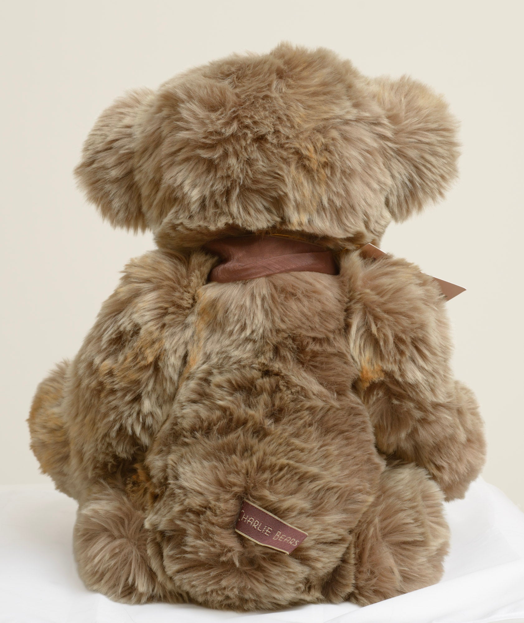 Charlie Bears William III - Charlie Bears woven label in cream text on dark plum background sewn to lower back