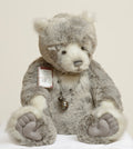 Charlie Bears Mercury - Isabelle Collection - full front view showing dappled grey tipped plush with white muzzle and twisted cord necklace with two bells
