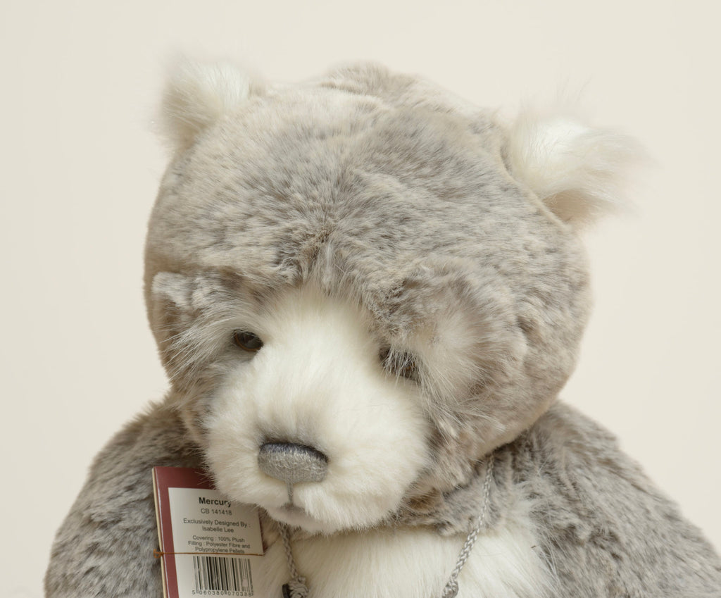 Charlie Bears Mercury - Isabelle Collection - three-quarter face view showing white plush muzzle, wide set dark glass eyes and grey sculpted nose in dappled grey coat