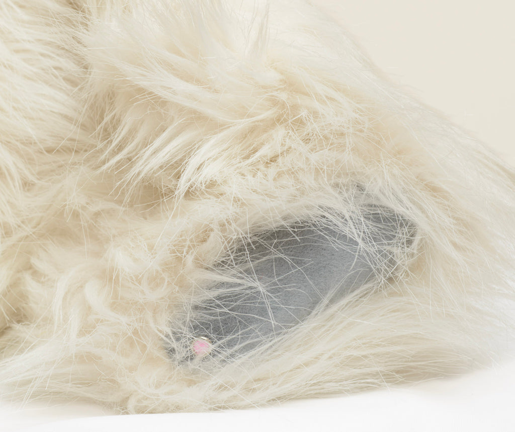 Kaycee Bears Mrs Kaycee - Kelsey Cunningham - full front seated view showing long wild cream ivory plush coat with pink frayed satin bow to one side of head