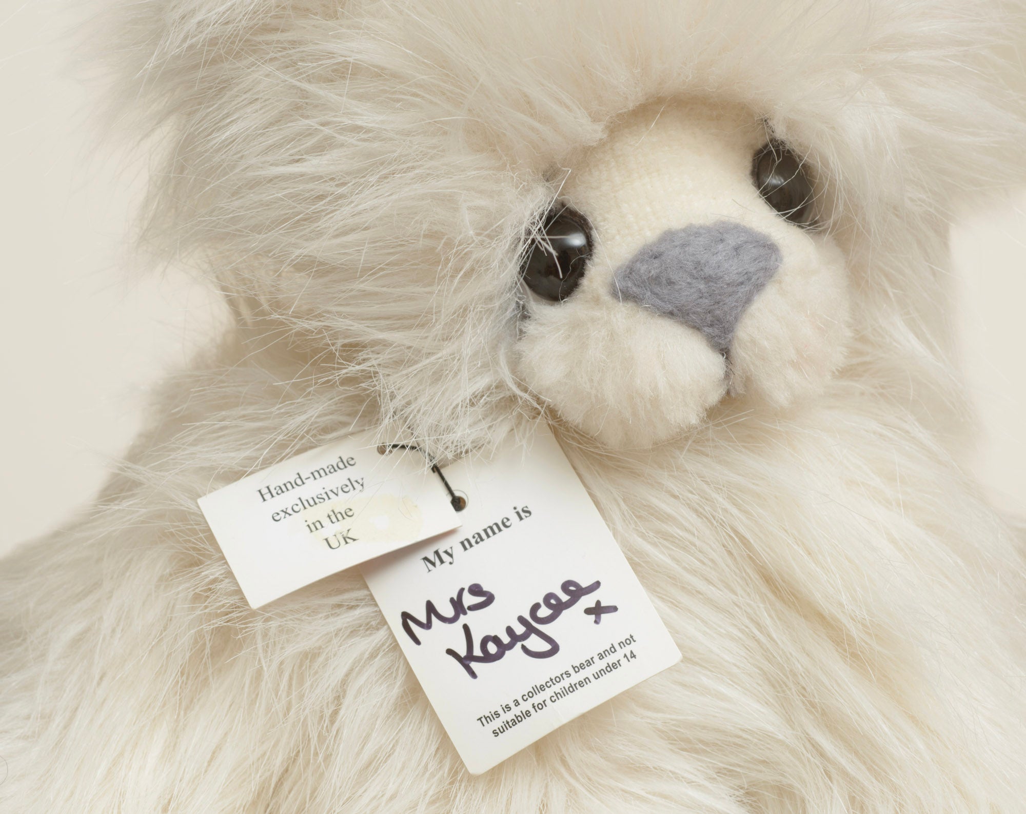 Kaycee Bears Mrs Kaycee - Kelsey Cunningham - Kaycee Bears swing tag reading Made in England, An Original Bear designed and created by Kelsey Cunningham, with Union Jack card attached