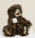 Mr Kaycee is a long dark tipped plush bear from Kaycee Bears, designed and created by Kelsey Cunningham in England, with a full cream muzzle panel and a scattering of dark freckle stitches across the upper muzzle, wearing an elasticated gold coloured cord necklace with a single aged gold bell.