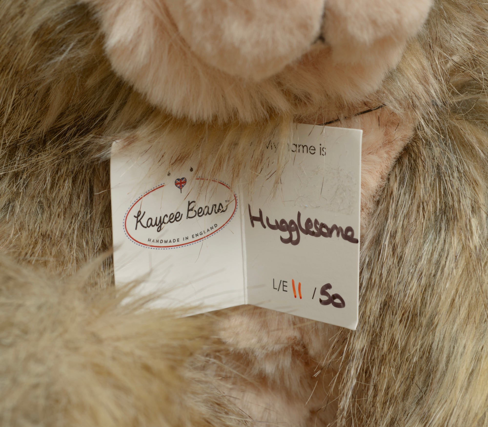 Kaycee Bears Hugglesome - Kelsey Cunningham - full front seated view showing two tone plush with long wild sandy taupe body and blush pink tummy panel, with name tag reading My name is Hugglesome 11/50