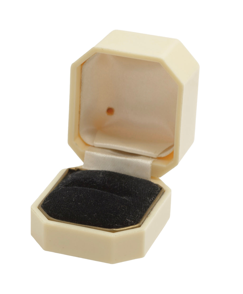 Art Deco ALCA Bakelite ring box - cream - three-quarter view closed showing faceted octagonal form and softly stepped lid with ALCA logo embossed to front