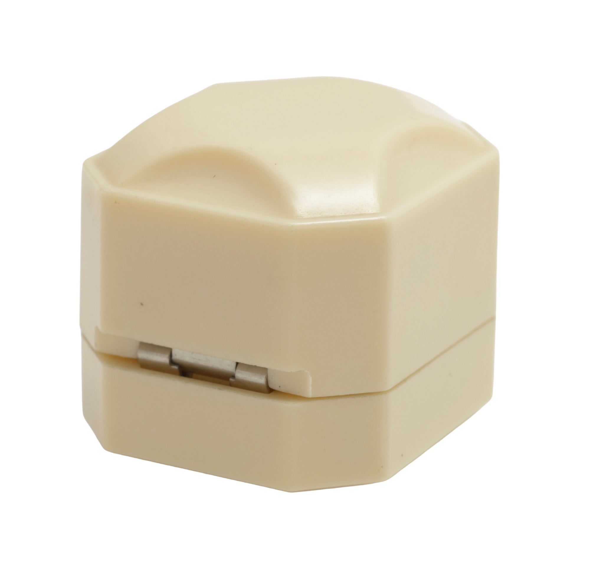 Art Deco ALCA Bakelite ring box - cream - open view showing cream satin lined lid and black flocked ring pad interior