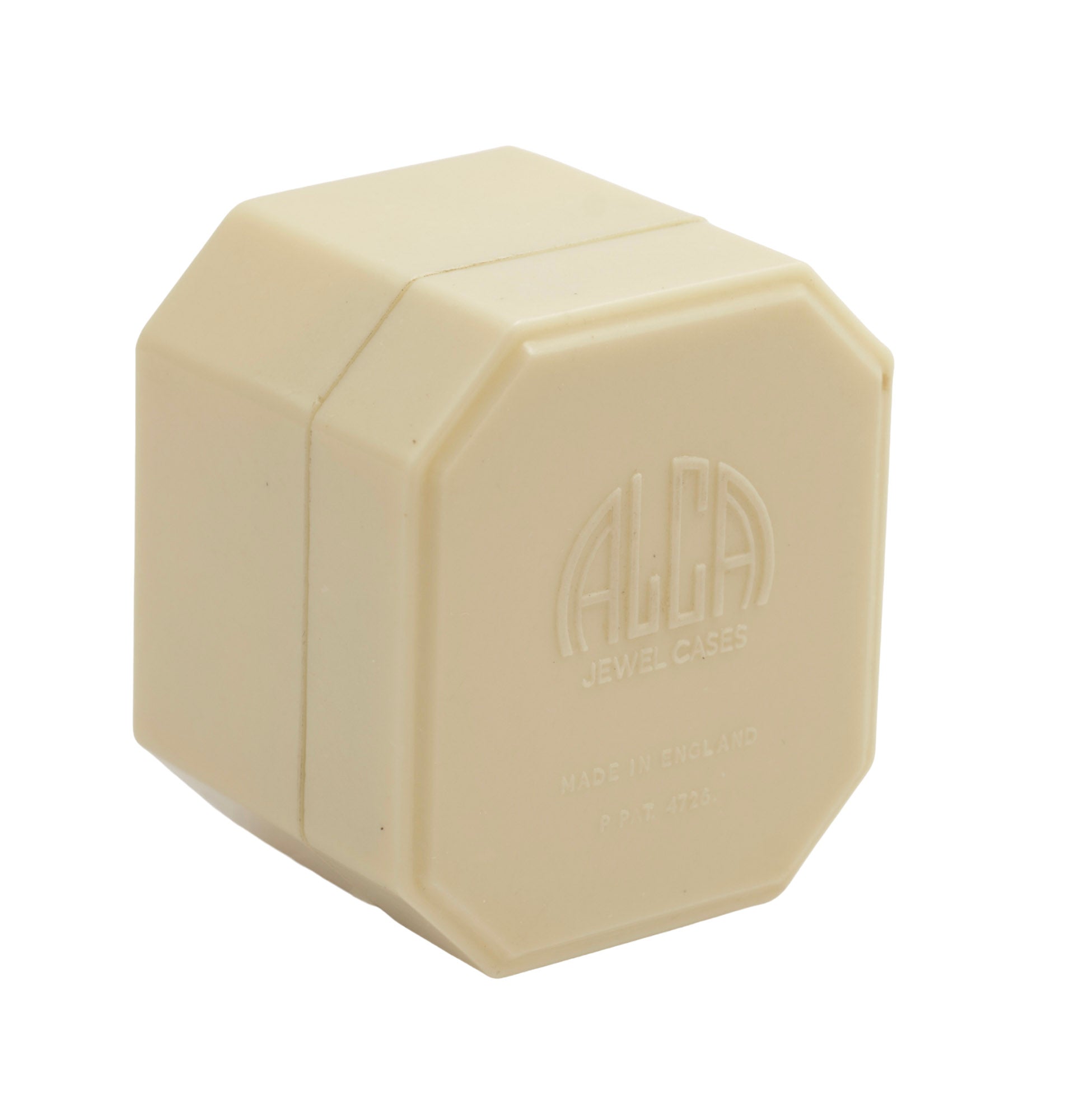 Art Deco ALCA Bakelite ring box - cream - front view closed showing faceted octagonal stepped lid form on grey background