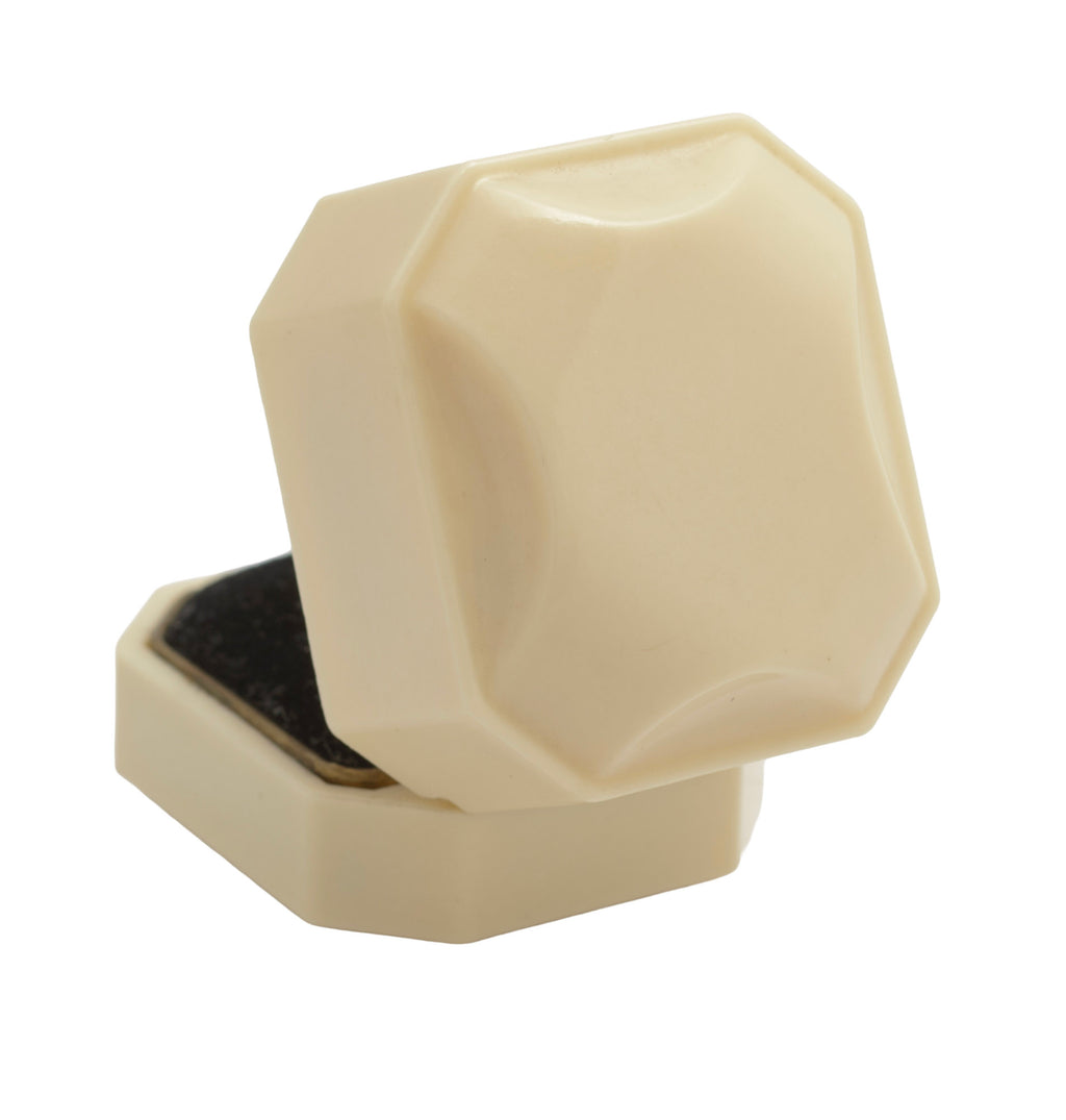 Art Deco ALCA Bakelite ring box - cream - top view showing softly stepped octagonal lid with moulded geometric facets