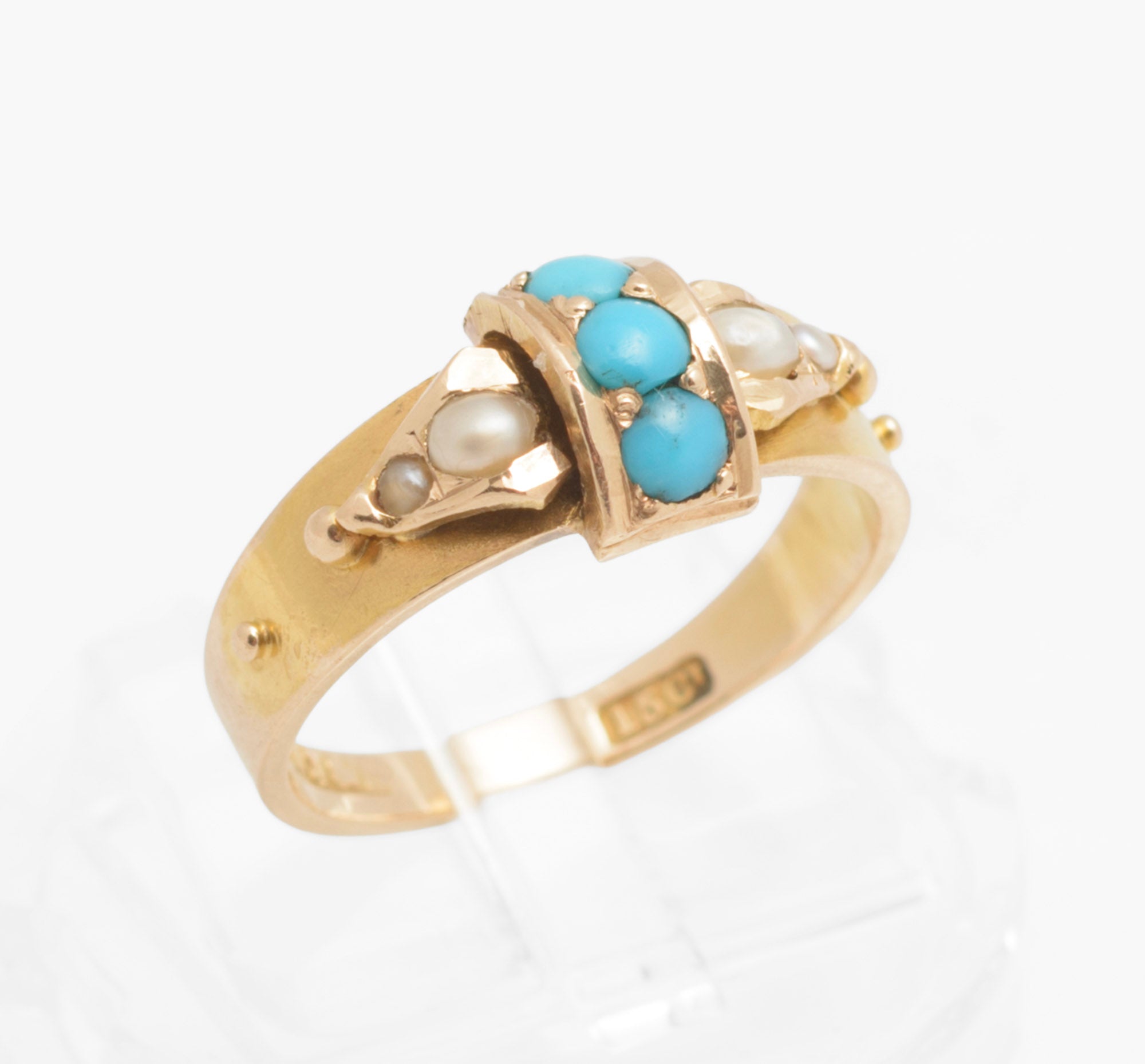 Victorian 15ct gold ring - natural turquoise and split pearls - ring displayed in included vintage ring box with pale blue grey exterior and cream satin lining