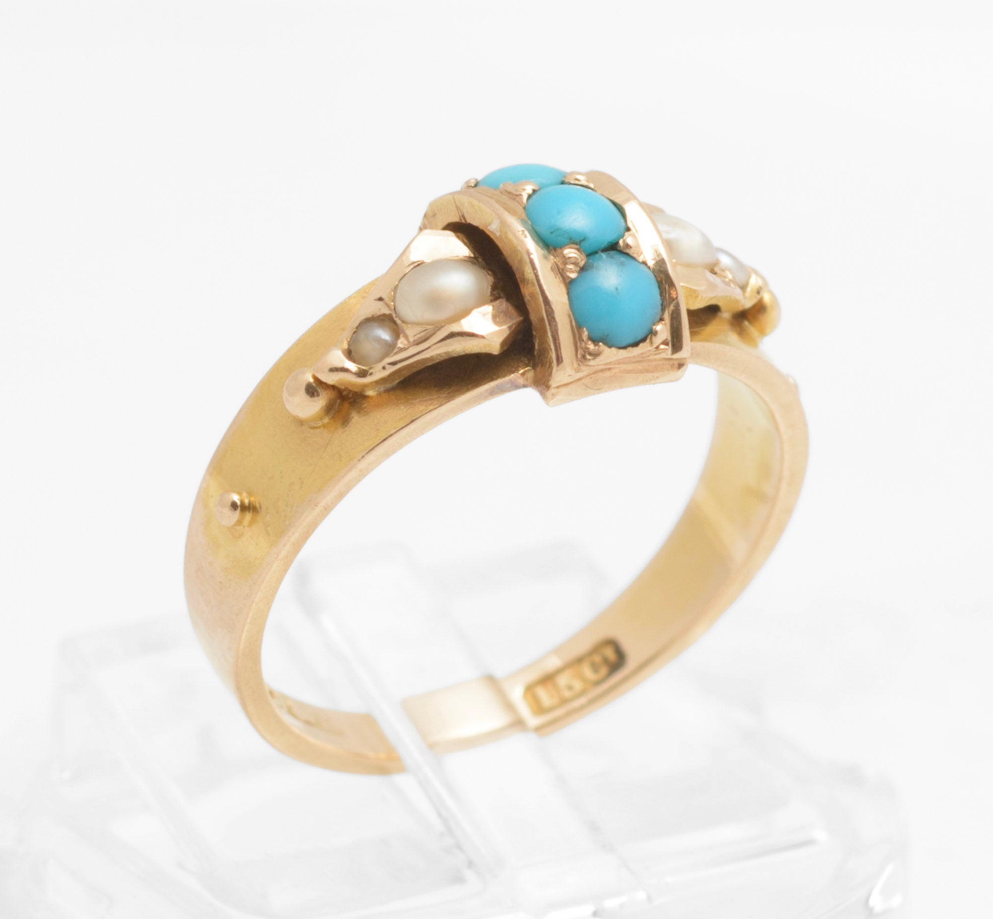 Victorian 15ct Gold Ring - Natural Turquoise and Split Pearls - Strapwork Mount - UK Size J1/2 - C3033