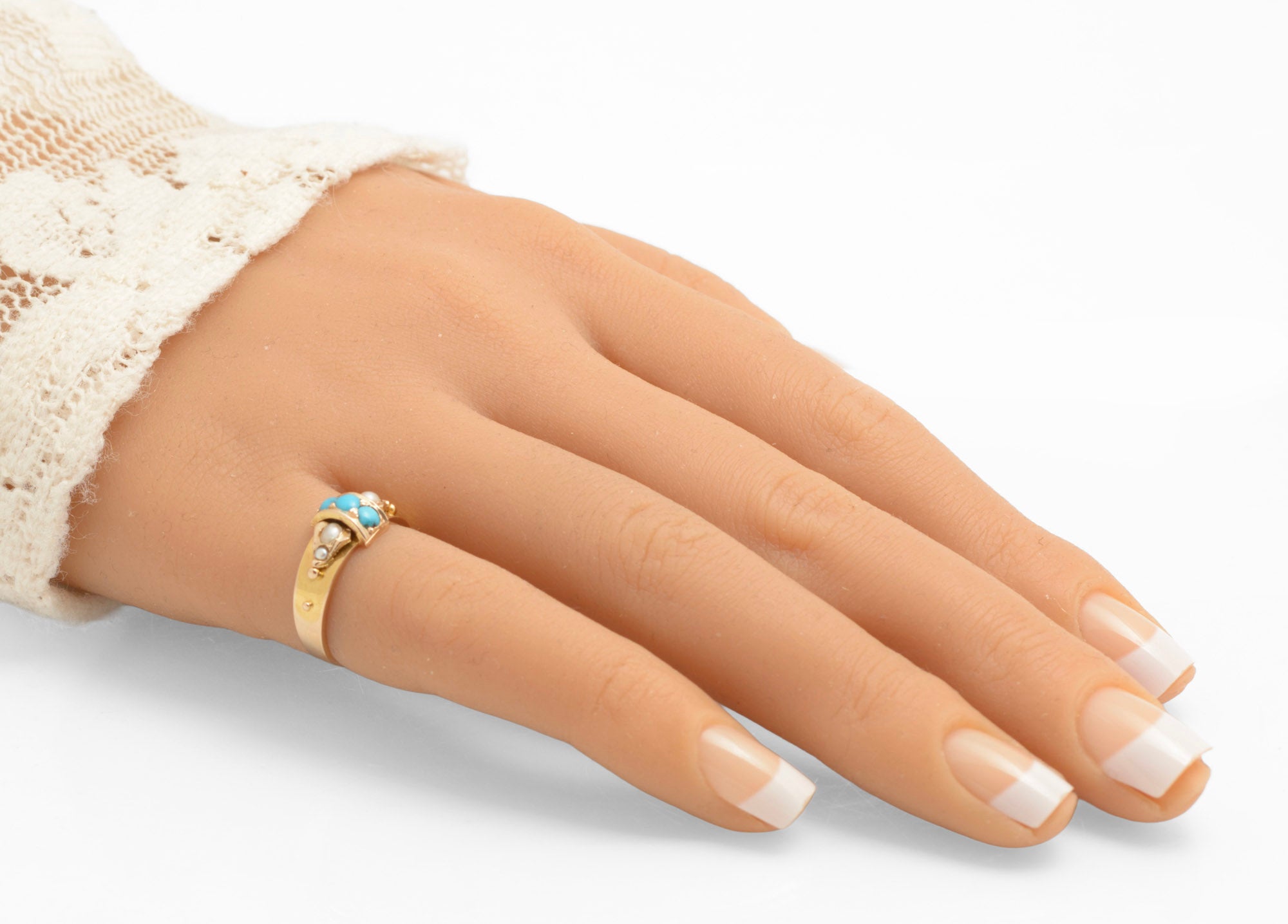 Victorian 15ct Gold Ring - Natural Turquoise and Split Pearls - Strapwork Mount - UK Size J1/2 - C3033