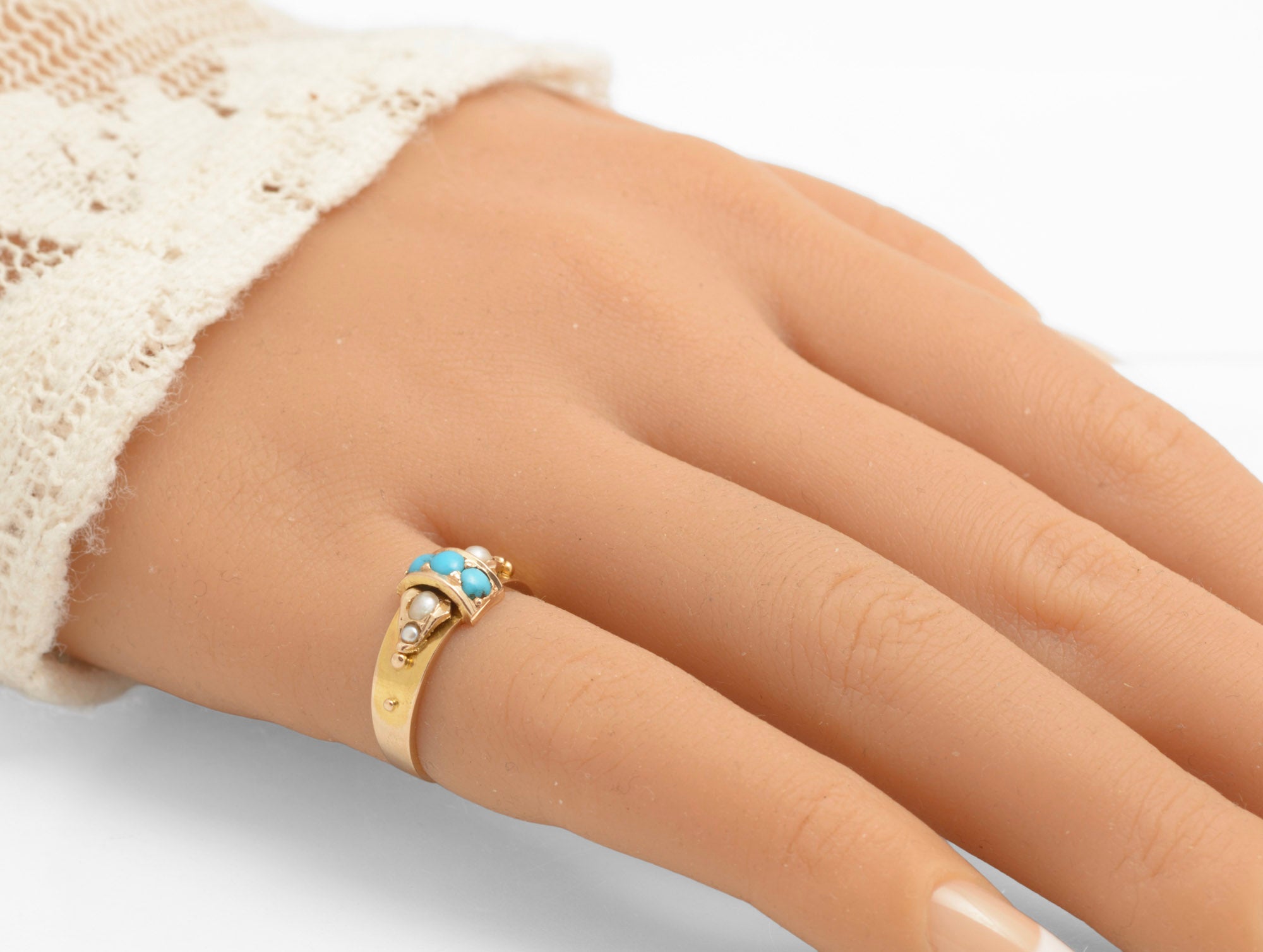 Victorian 15ct Gold Ring - Natural Turquoise and Split Pearls - Strapwork Mount - UK Size J1/2 - C3033