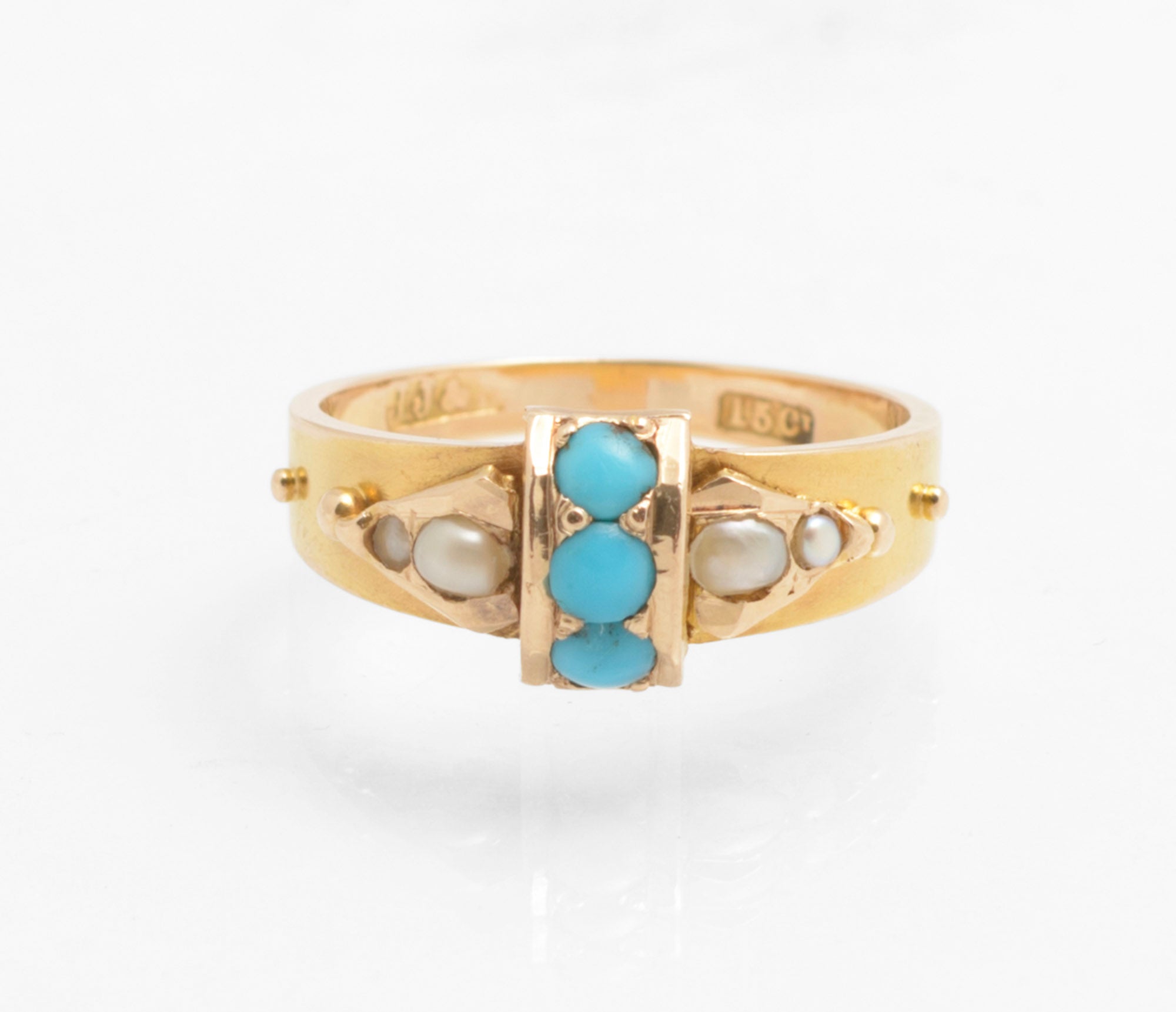 Victorian 15ct gold ring - natural turquoise and split pearls - side profile showing solid gold band with bead shoulder detail and strapwork head rising from band