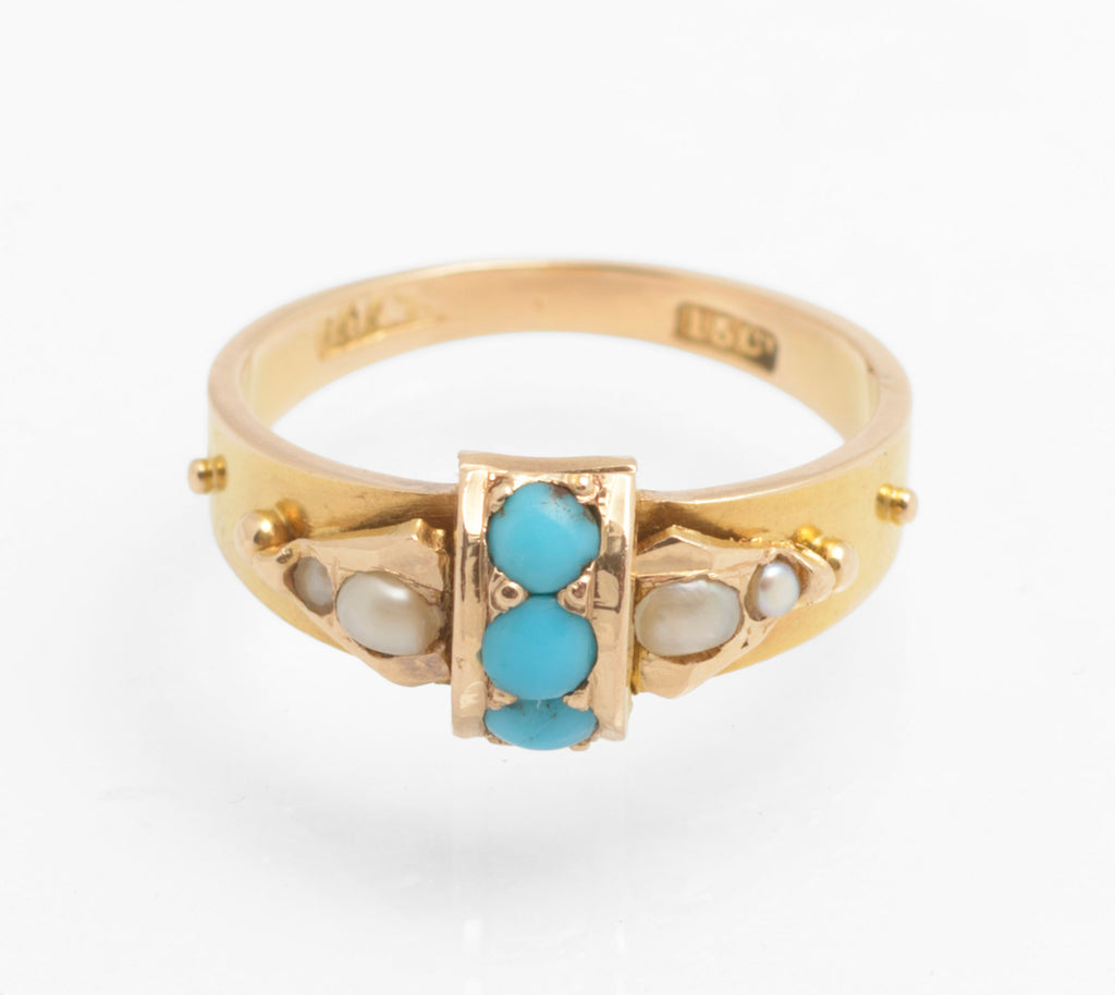 Victorian 15ct gold ring - natural turquoise and split pearls - rear view showing solid 15ct gold band with bead detail and reverse of strapwork mount
