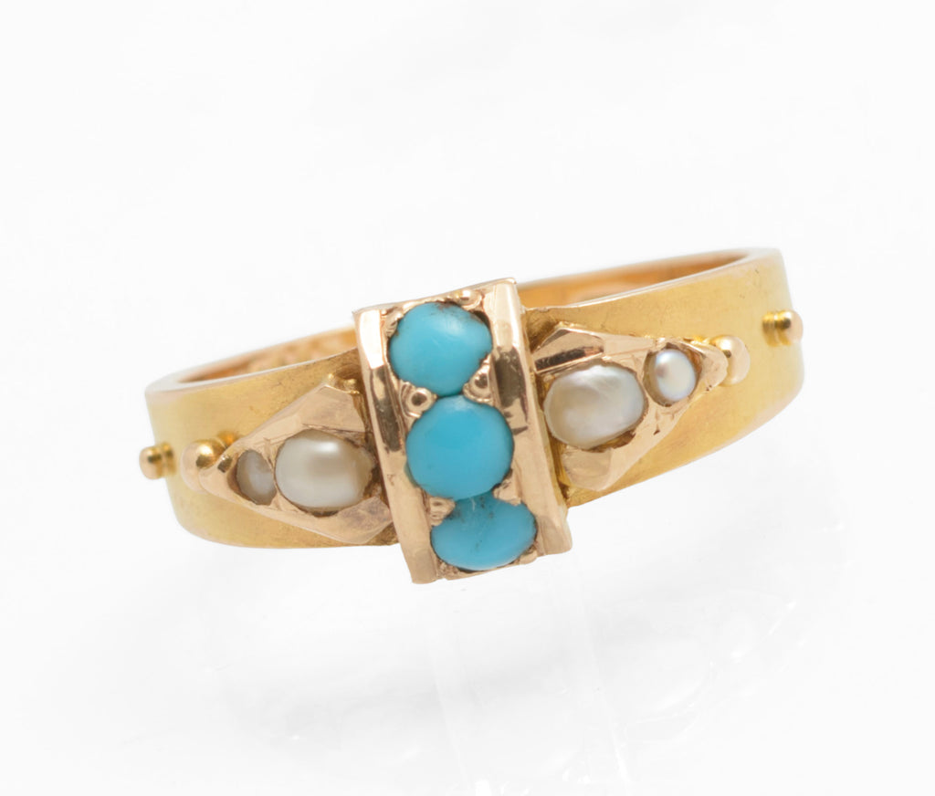 Victorian 15ct gold ring - natural turquoise and split pearls - inner band hallmark detail showing old British 15ct gold hallmark and maker's mark JJ& struck to inner band
