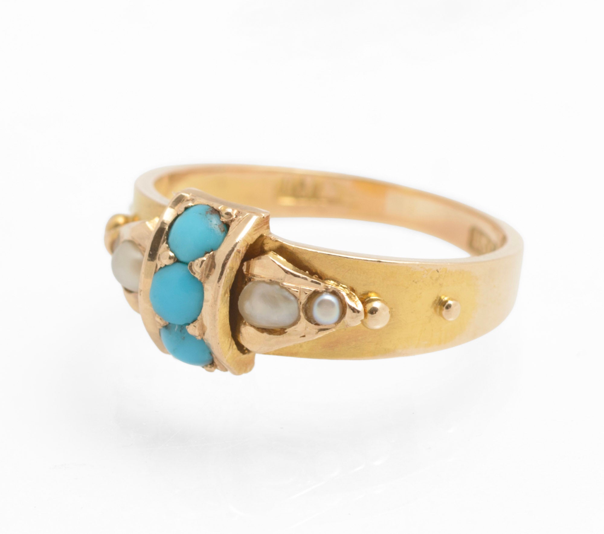 Victorian 15ct gold ring - natural turquoise and split pearls - three-quarter view from opposite side showing split pearl panels and bead shoulder detail against warm yellow gold band
