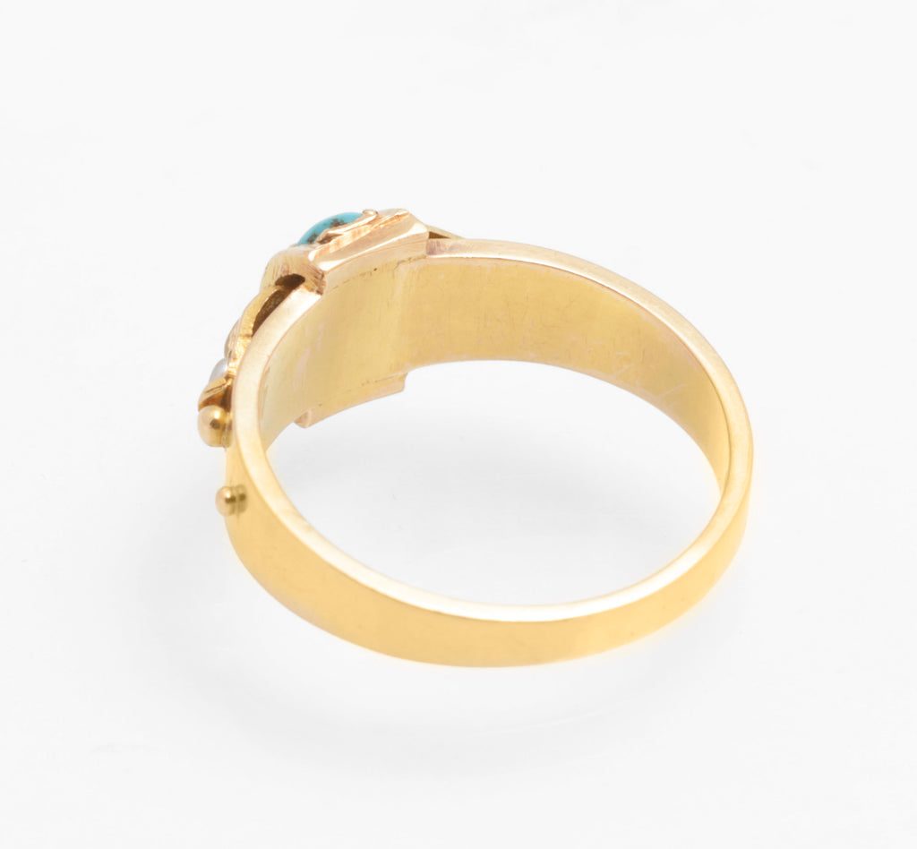 Victorian 15ct gold ring - natural turquoise and split pearls - close up head detail showing three natural turquoise cabochons in vertical strapwork frame with split pearls in shaped gold panels to either side