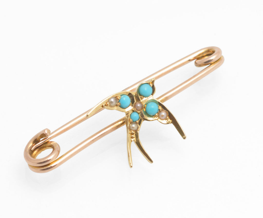 Victorian 15ct gold swallow brooch - natural turquoise and split pearls - side view showing 9ct rose gold safety pin fitting with scroll ends and swallow mounted to bar