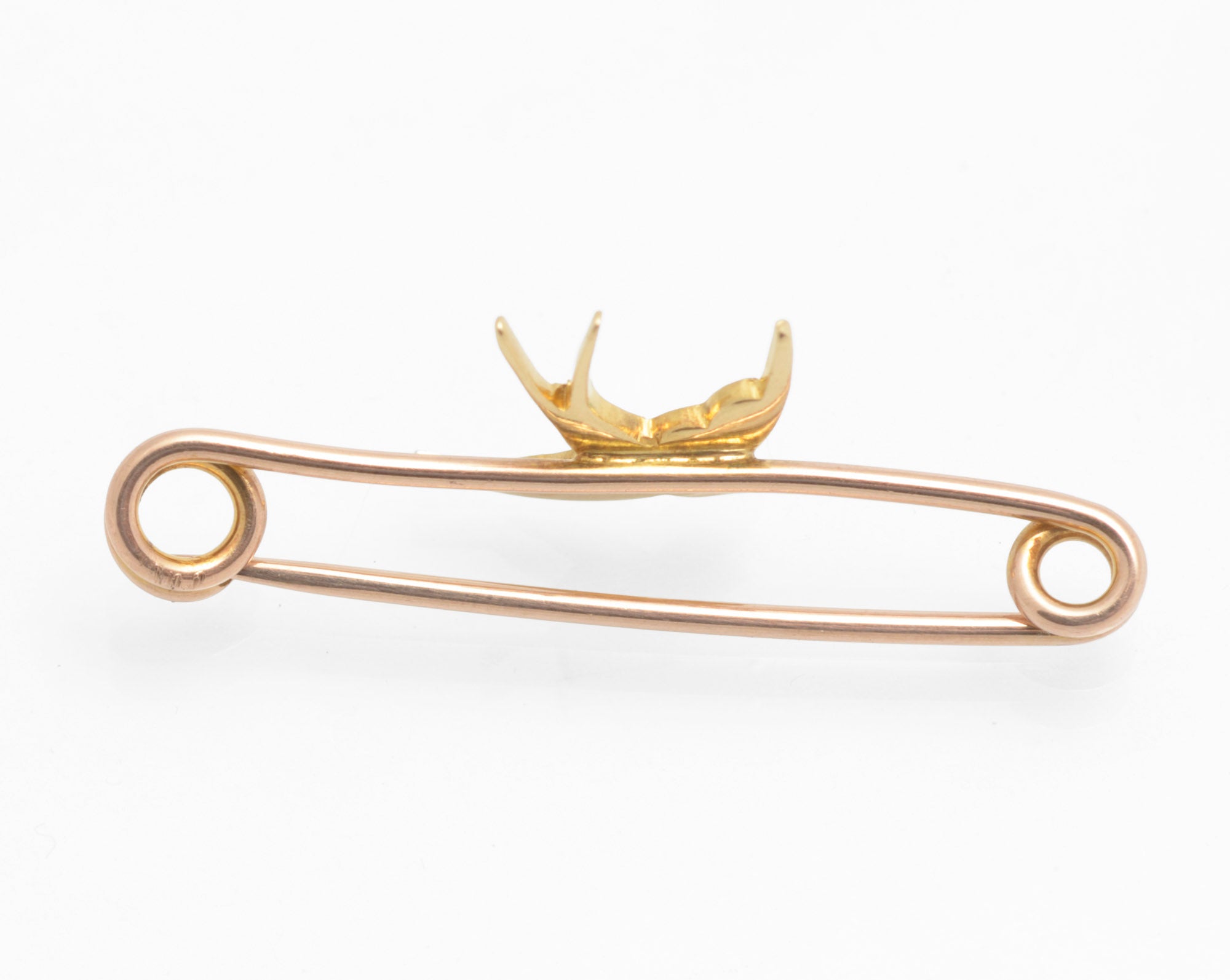 Victorian 15ct gold swallow brooch - natural turquoise and split pearls - front view showing full swallow in flight with swept wings, forked tail and turquoise and pearl set body on rose gold pin